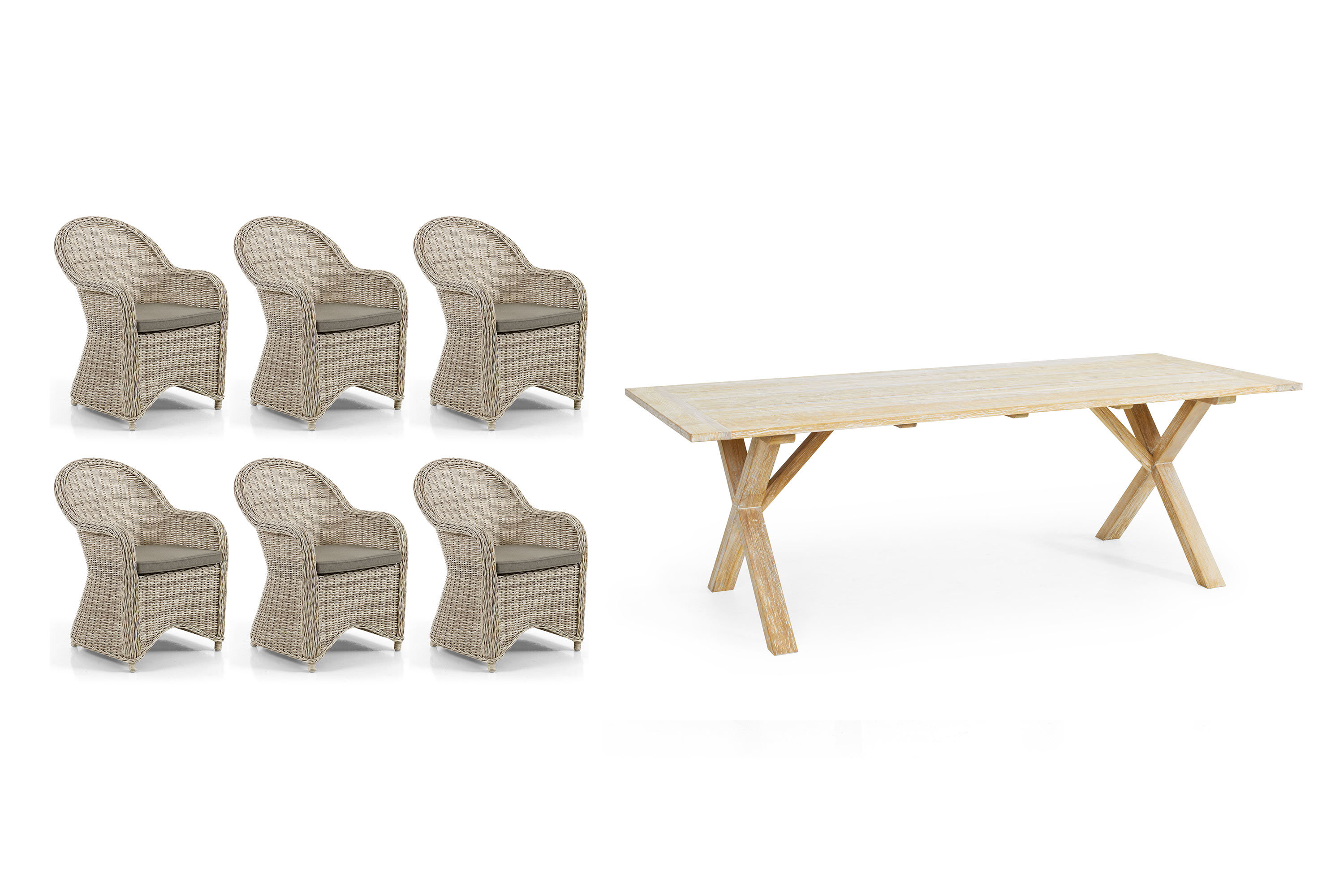 Brafab Paulina & Brutus matgrupp Beige med beige dyna 6 karmstolar & bord 220x100 cm