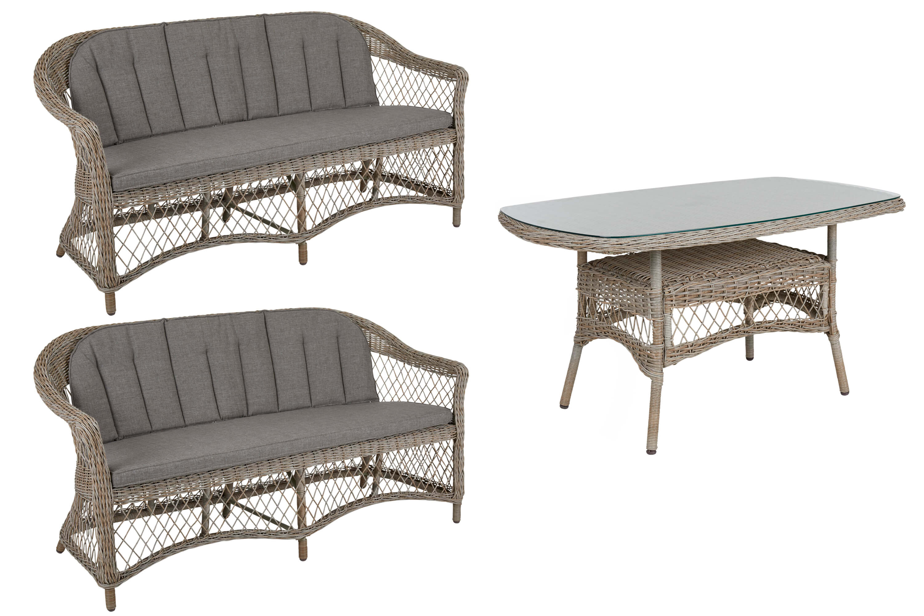 Brafab Kamomill matgrupp Rotting med offwhite dyna 2 st 2-sitssoffor & matbord 135x80 cm