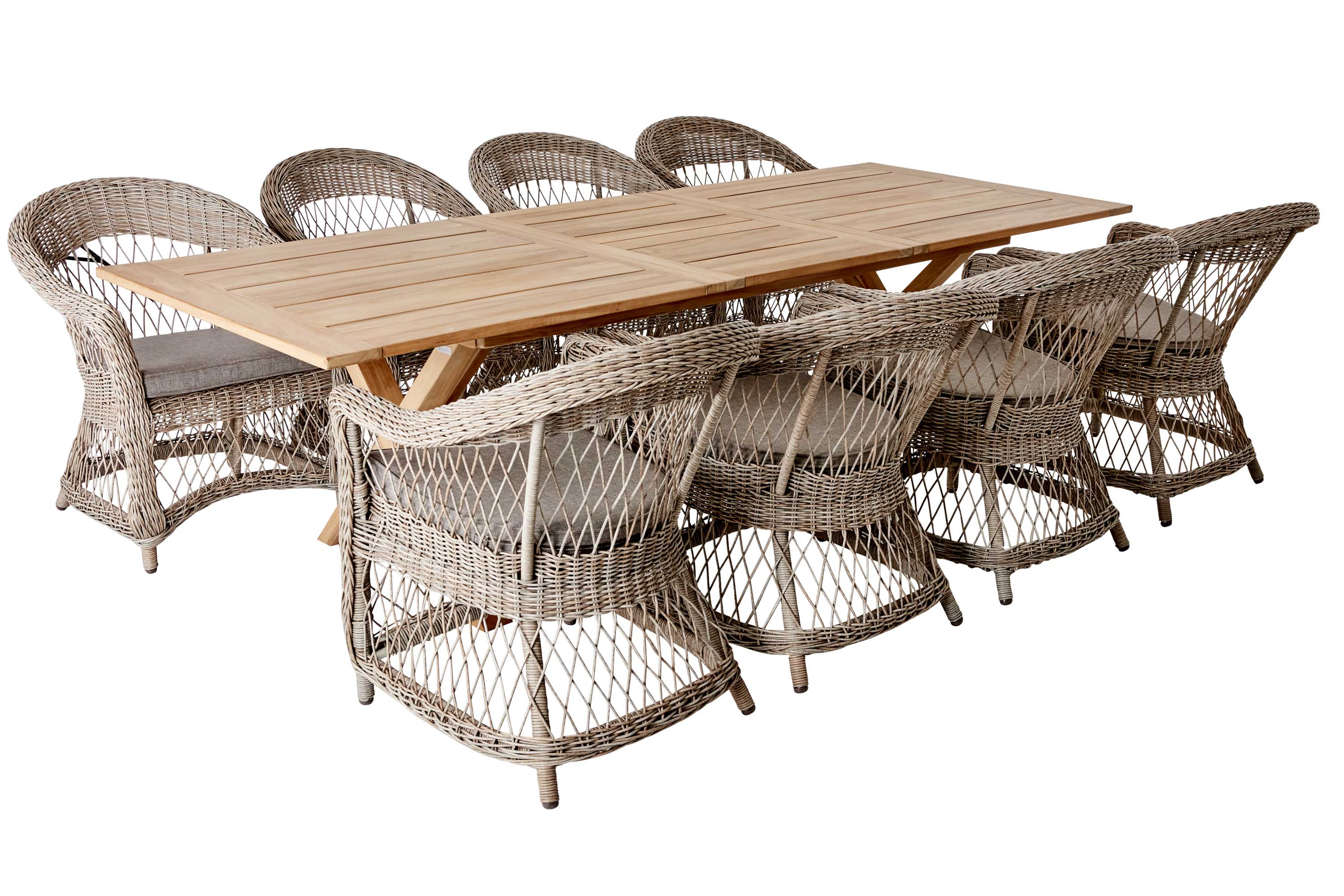 Brafab Brutus & Kamomill matgrupp Teak/beige 8 stolar & bord 200-265 x 100 cm