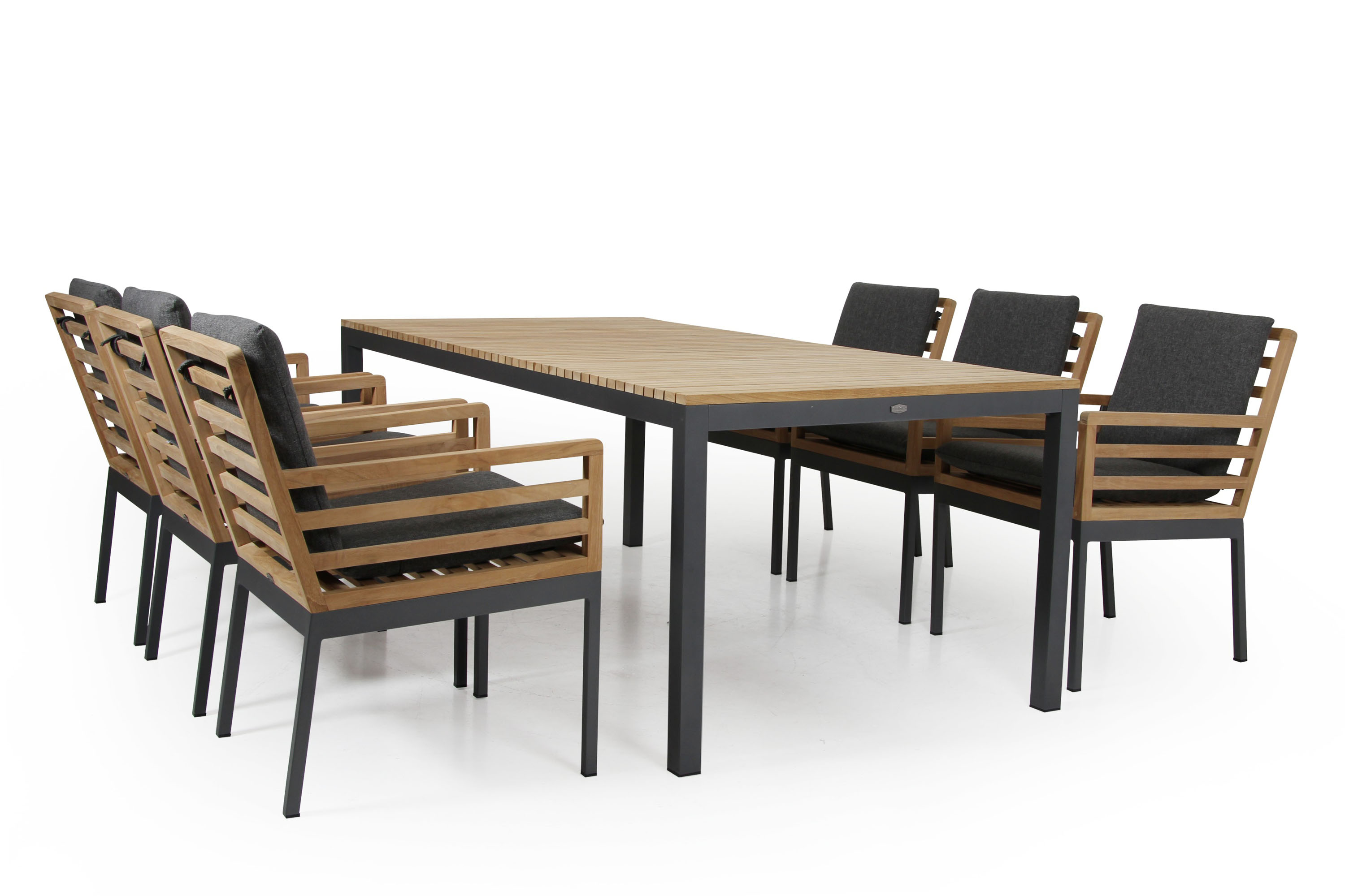 Brafab Zalongo matgrupp Teak med grå dyna 6 karmstolar & bord 200x100 cm
