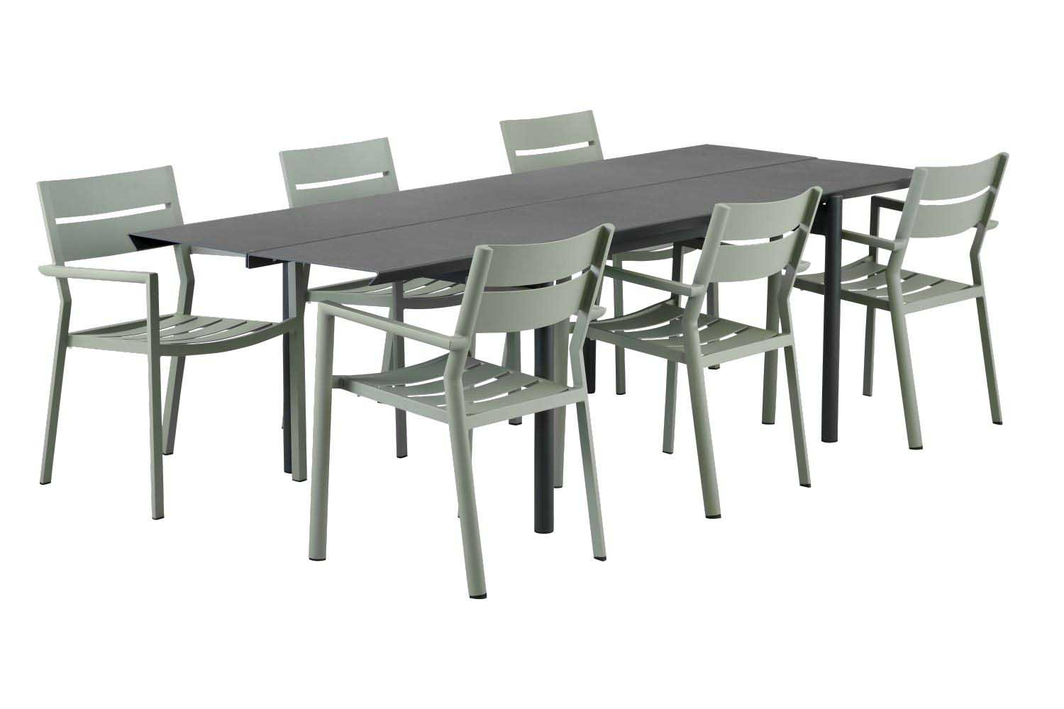 Brafab B45 matgrupp Svart/grön 6 karmstolar & bord 250x92 cm