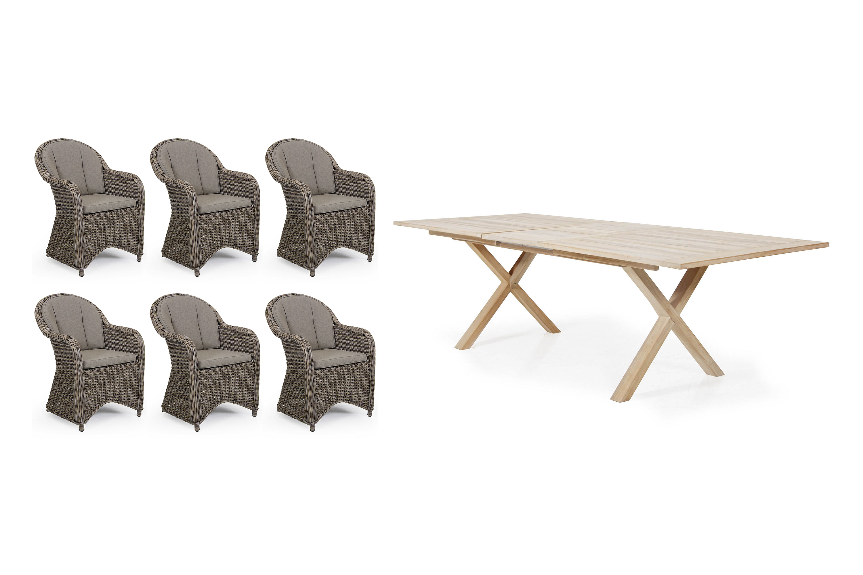 Brafab Paulina & Brutus matgrupp Rustik med beige dyna 6 karmstolar & bord 200-265x100 cm