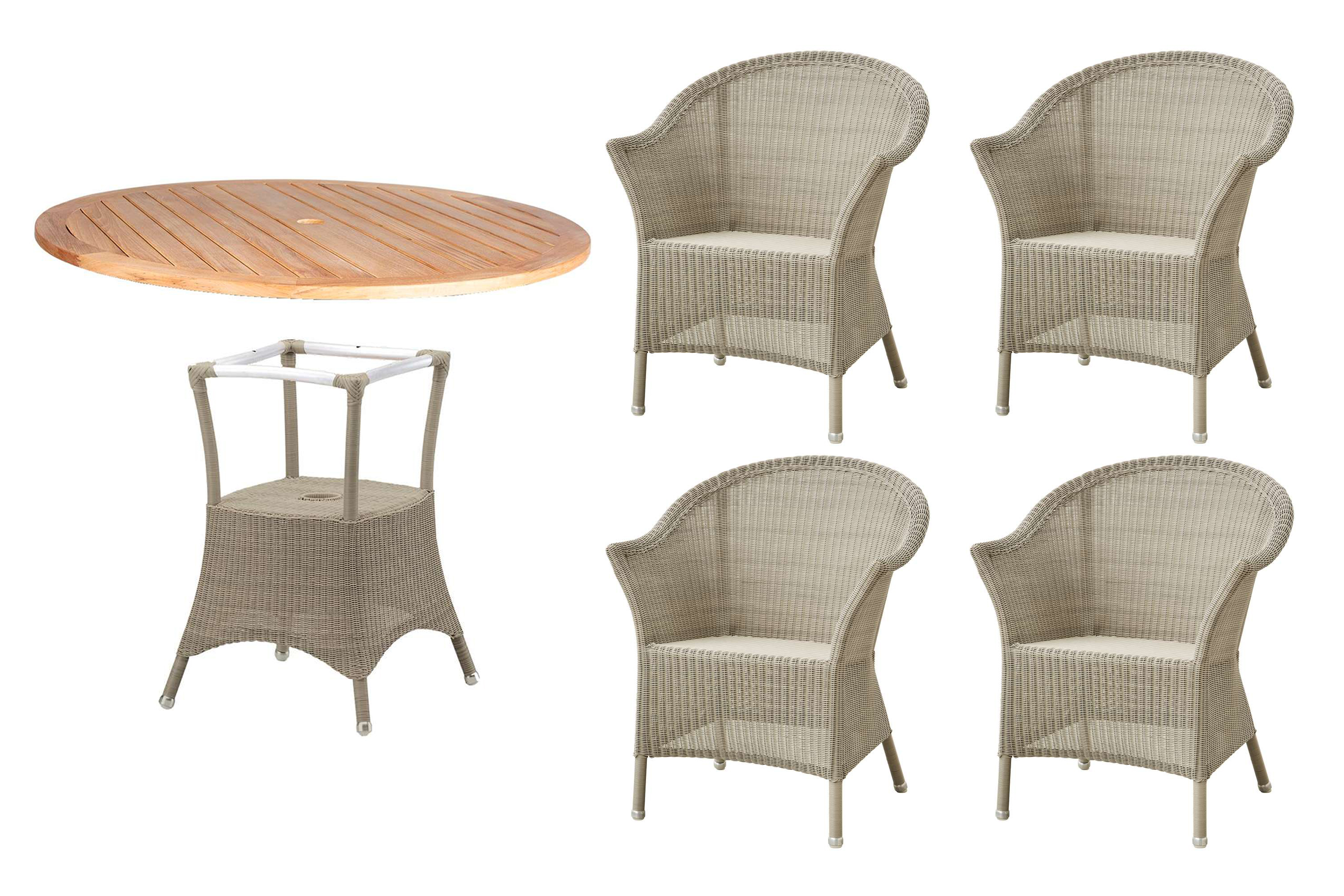 Cane-line Lansing matgrupp Teak/Beige 4 karmstolar & bord 120 cm