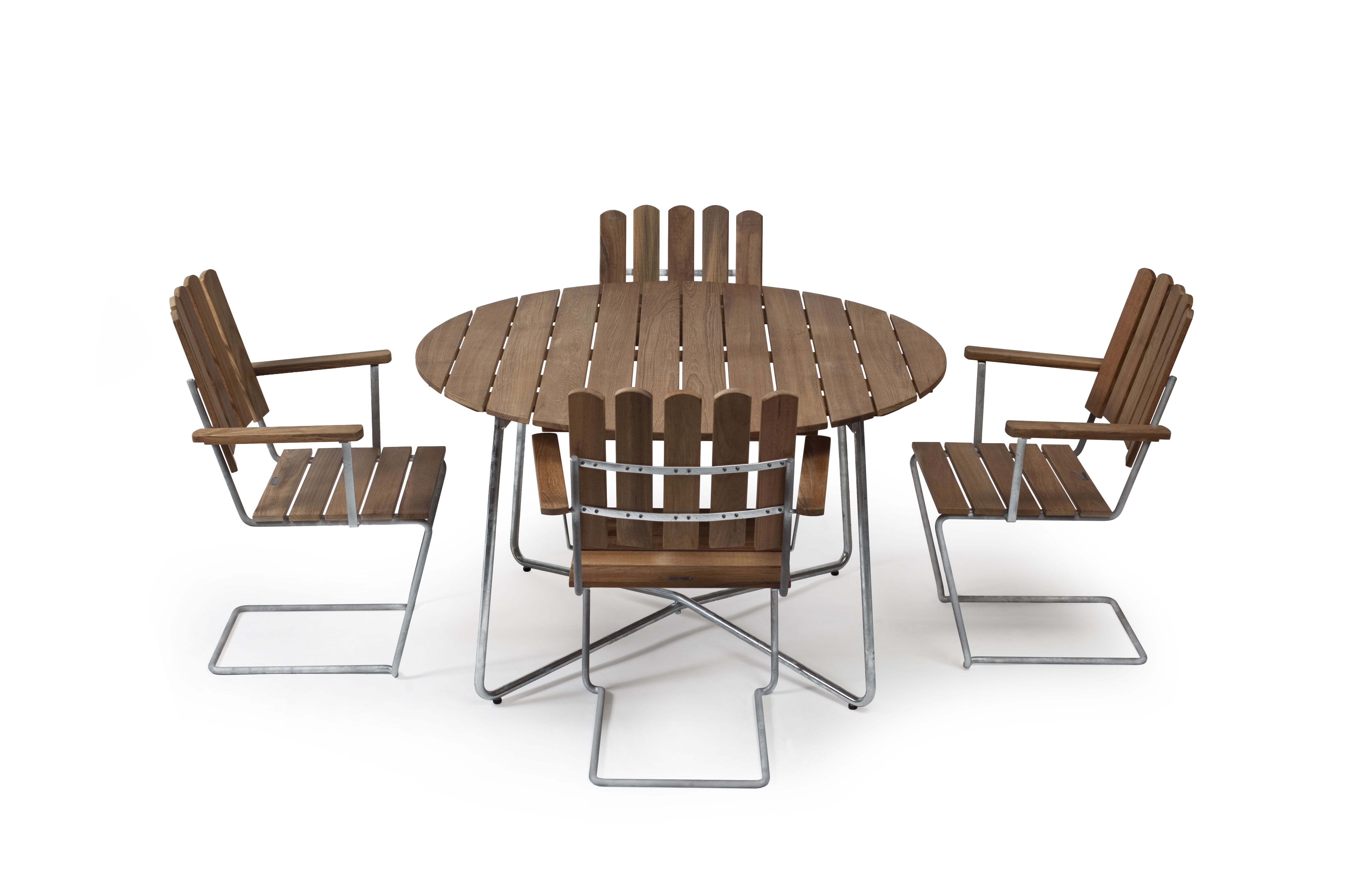 Grythyttan Stålmöbler A2 & 9A matgrupp Teak/galvat 4 fåtöljer & bord 100 cm