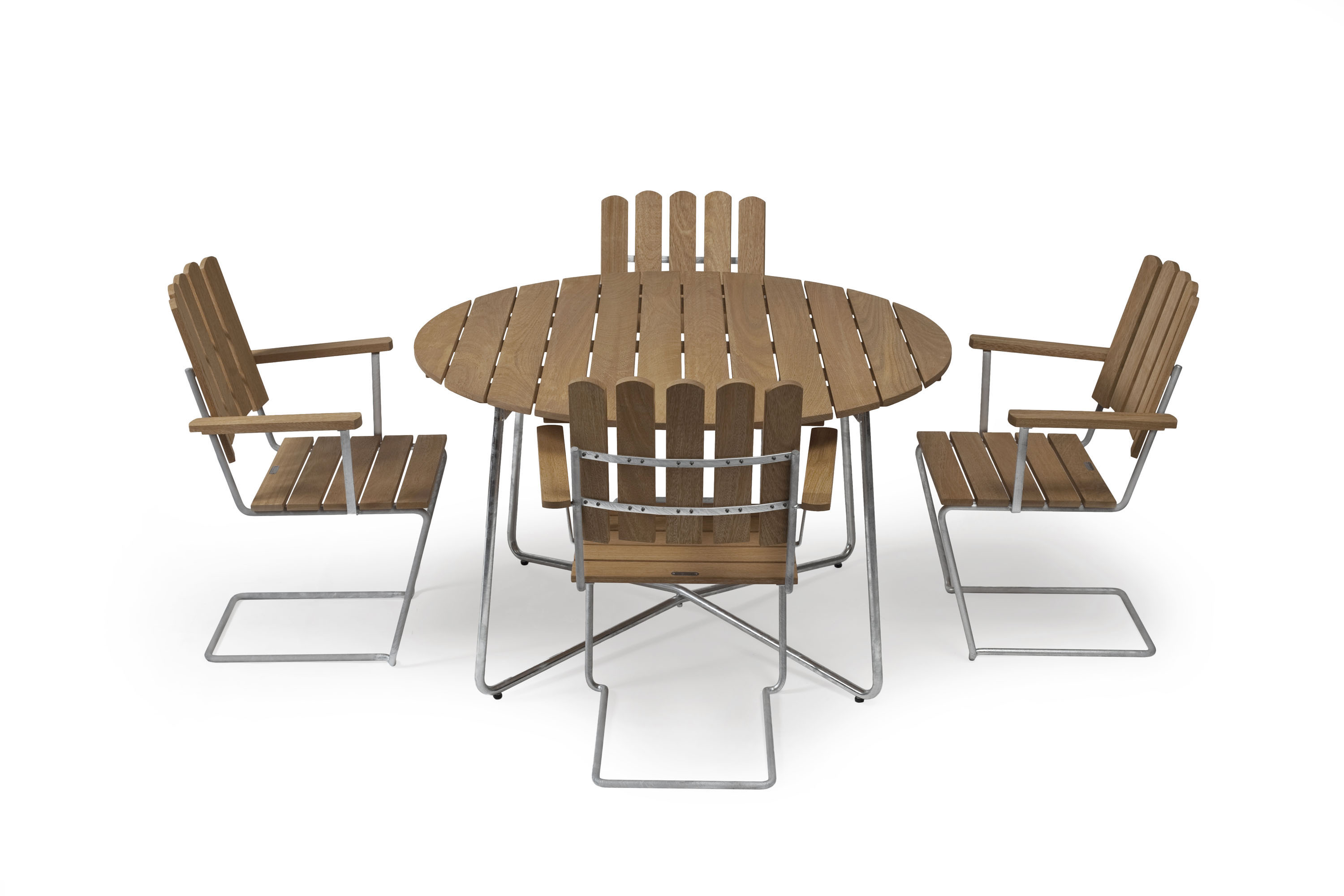 Grythyttan Stålmöbler A2 & 9A matgrupp Oljad ek/galvat 4 fåtöljer & bord 100 cm