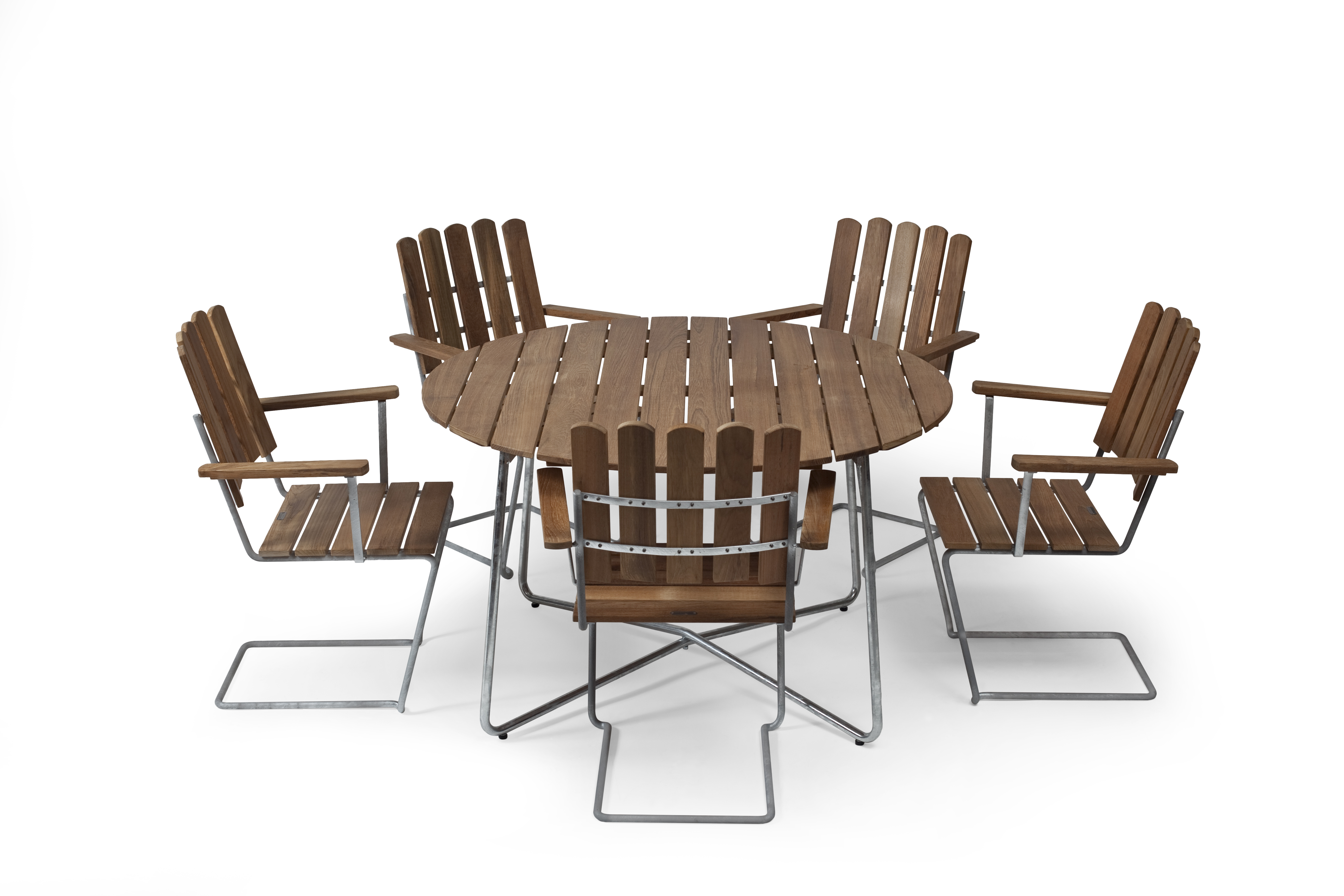 Grythyttan Stålmöbler A2 & 9A matgrupp Teak/galvat 6 fåtöljer & bord 120 cm