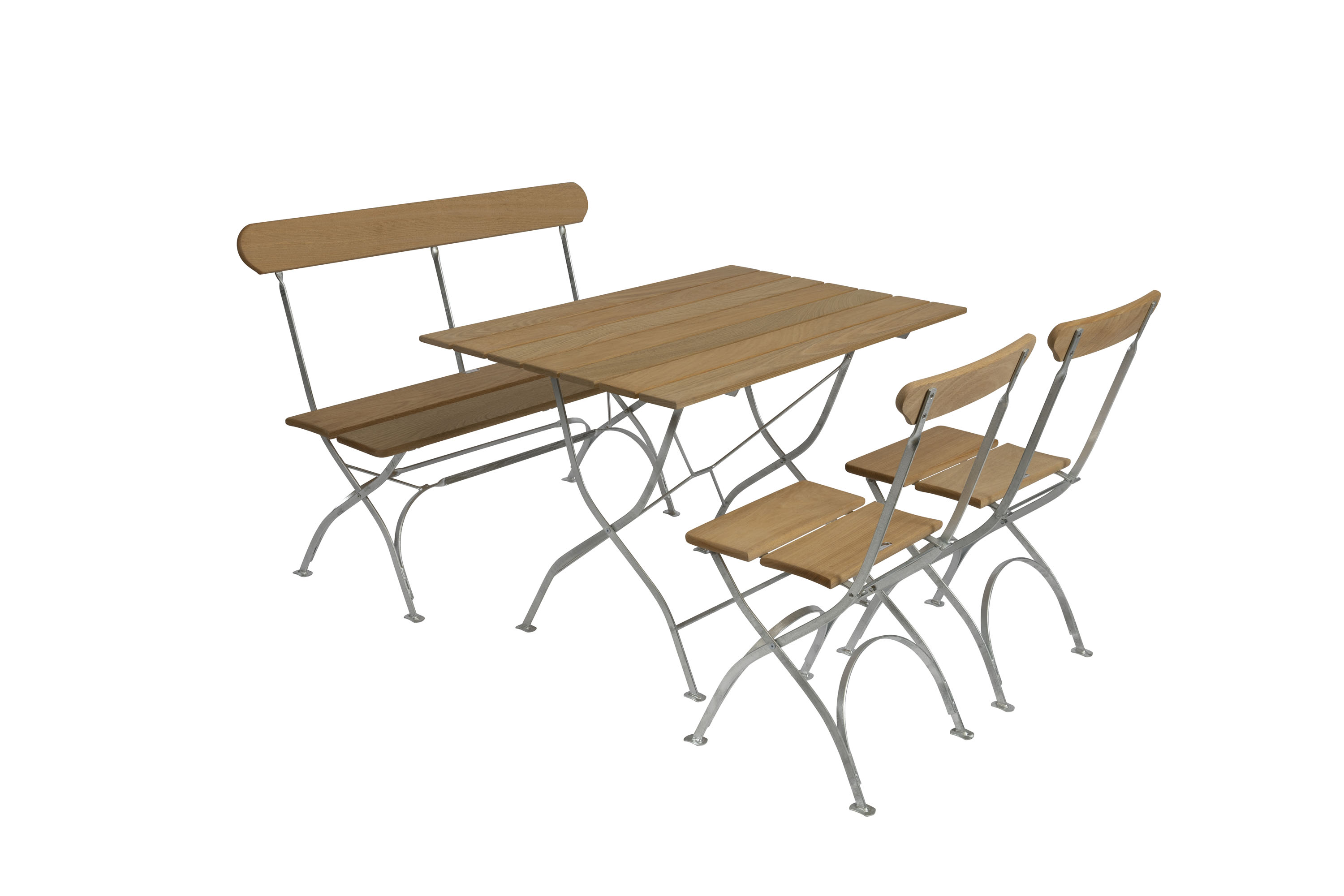 Bryggeri matgrupp Oljad ek/varmförzinkat 2-sitssoffa, 2 fåtöljer & bord 110x70 cm Grythyttan Stålmöbler - utemöbler