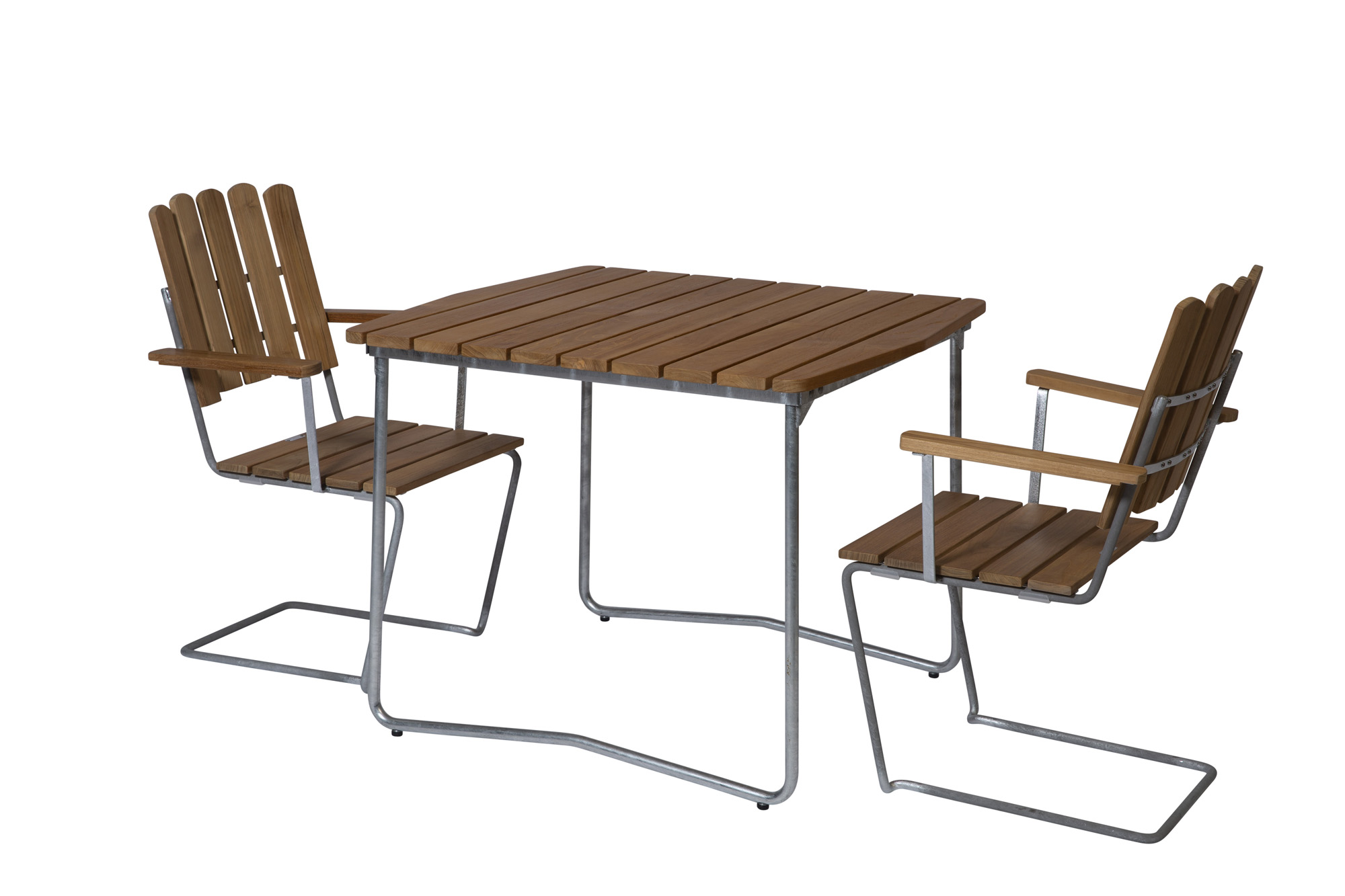 Grythyttan Stålmöbler B31 matgrupp Teak/galvat 2  fåtöljer & bord 84 x 92 cm