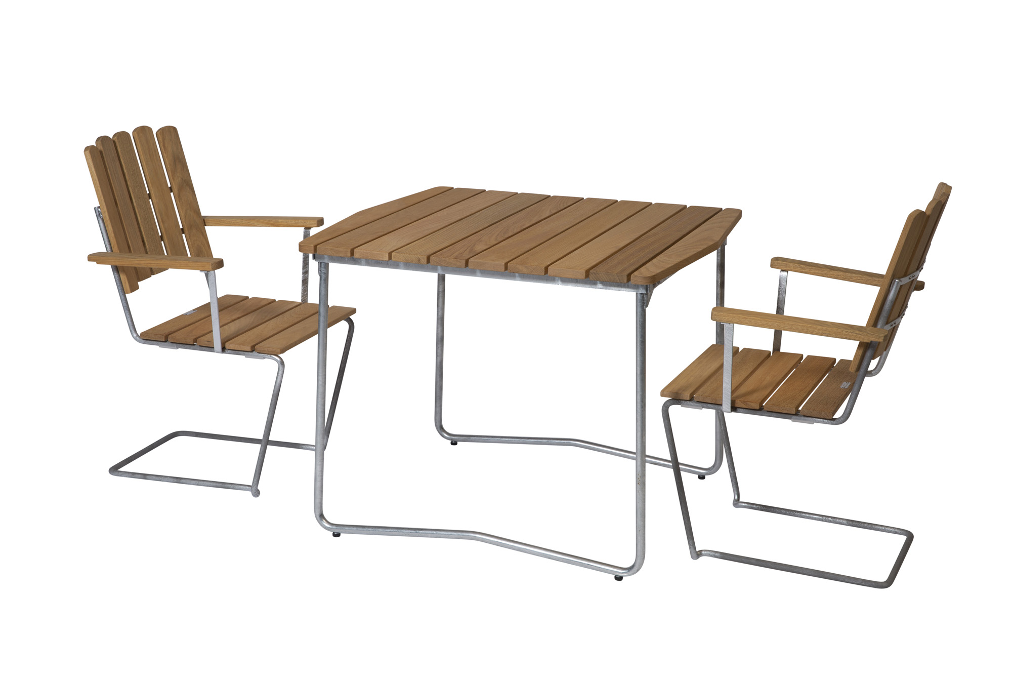 Grythyttan Stålmöbler B31 matgrupp Oljad ek/galvat 2  fåtöljer & bord 84 x 92 cm