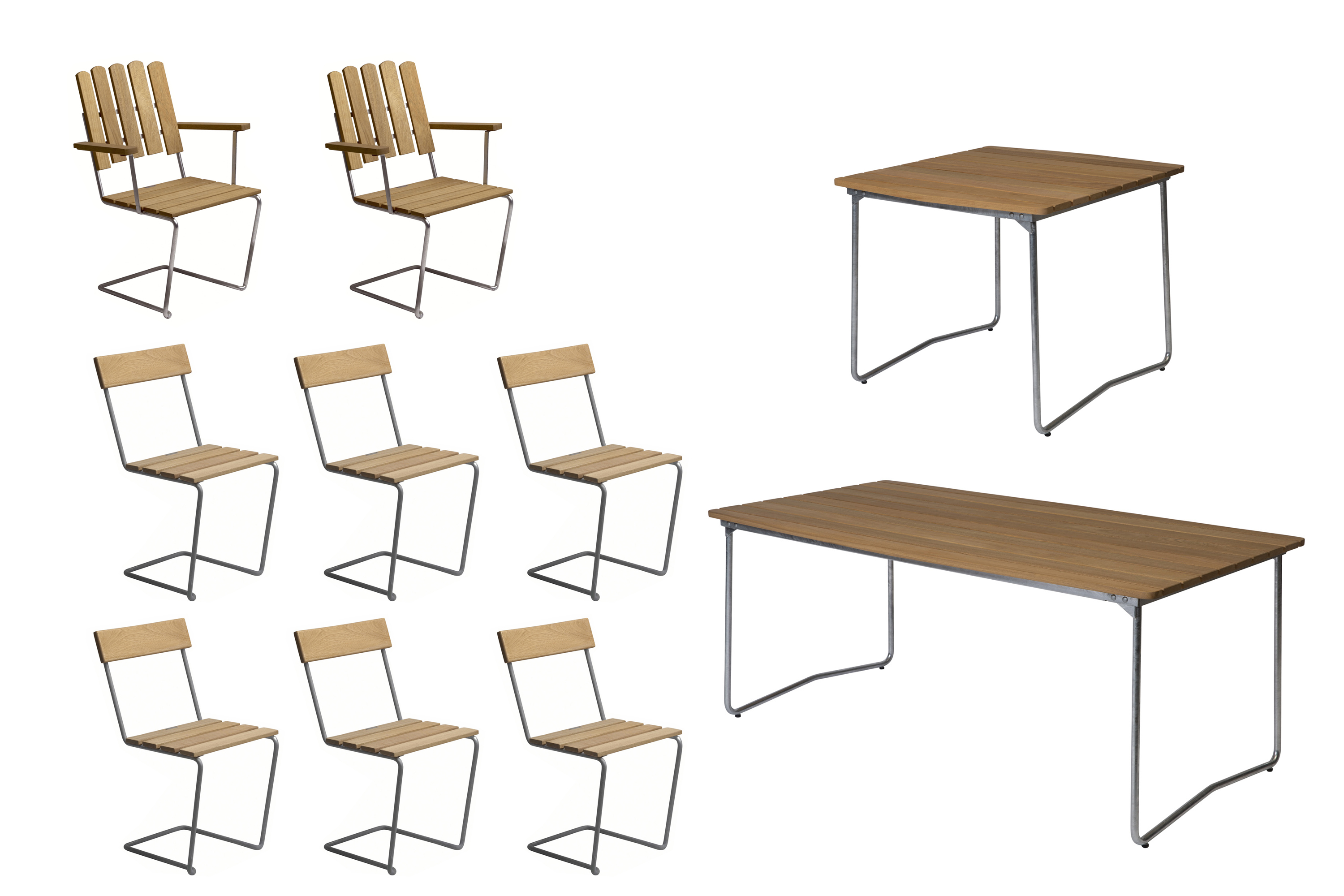 Grythyttan Stålmöbler B31 matgrupp Oljad ek/galvat 2 fåtöljer, 6 stolar, bord 84 x 92 cm & bord 170 x 92 cm