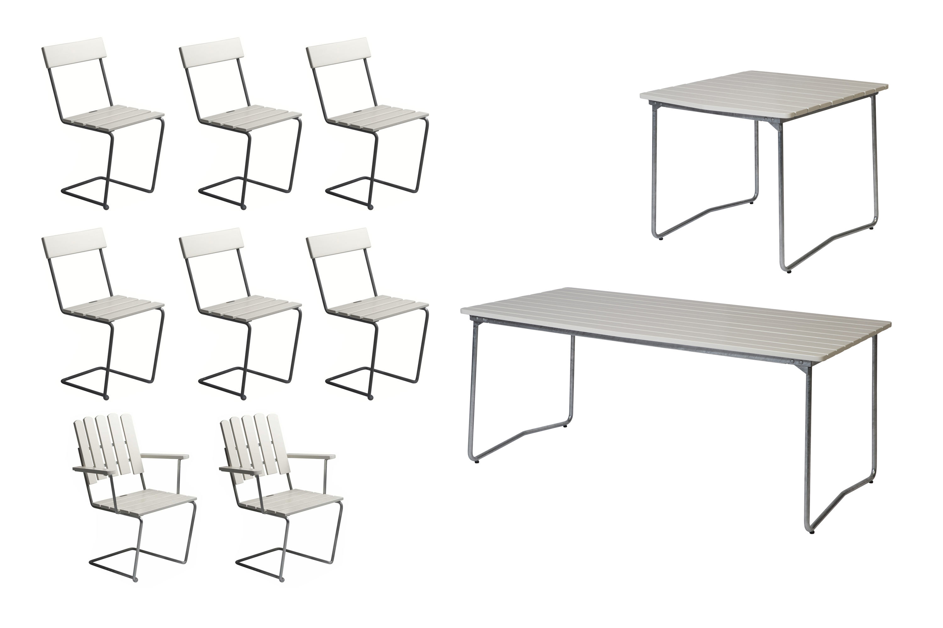 Grythyttan Stålmöbler B31 matgrupp Vitlackad ek/galvat 2 fåtöljer, 6 stolar, bord 84 x 92 cm & bord 170 x 92 cm