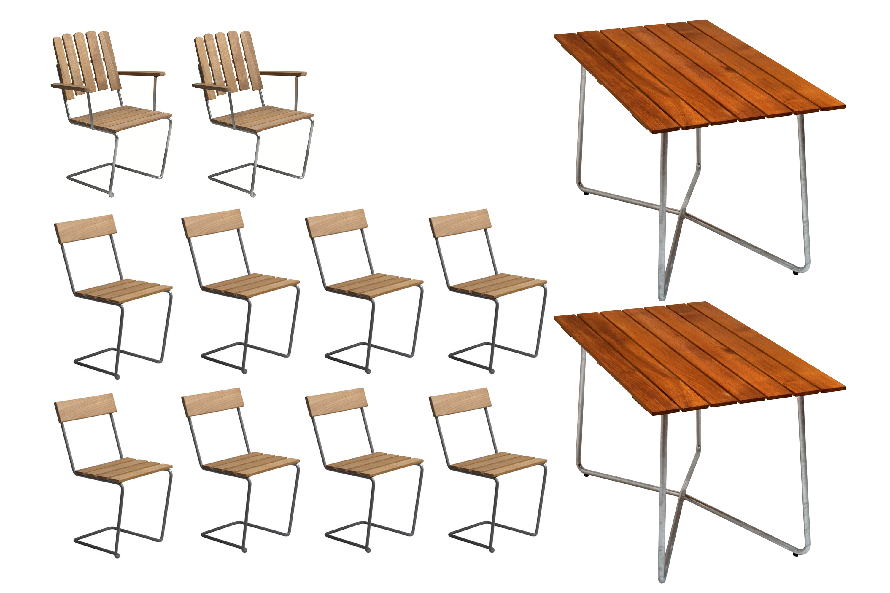 Grythyttan Stålmöbler B25 matgrupp Teak/galvat 2 fåtöljer, 8 stolar & 2 bord 120 x 70 cm