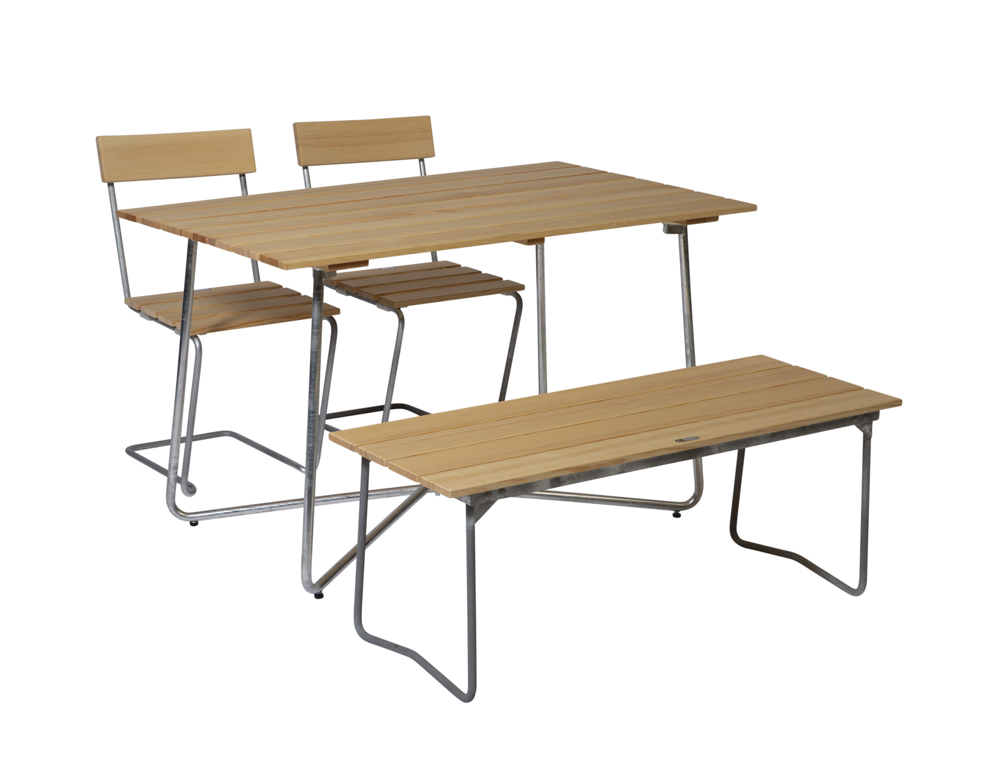 Grythyttan Stålmöbler B25 matgrupp Oljad furu/galvat 2 stolar, bänk 110 cm & bord120x70 cm