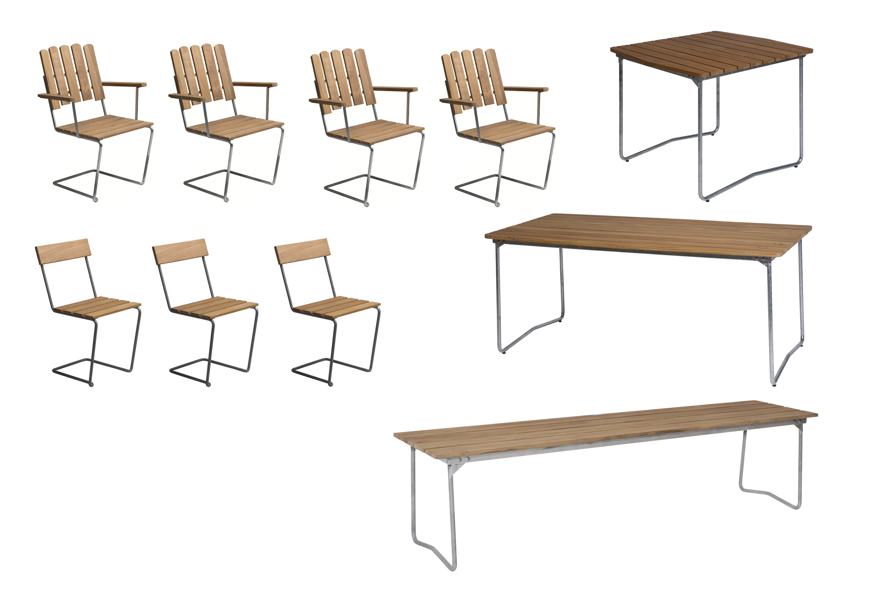 Grythyttan Stålmöbler B31 matgrupp Teak/galvat 4 fåtöljer, 3 stolar, bänk 170 cm, bord 84 x 92 cm & bord 170 x 92 cm