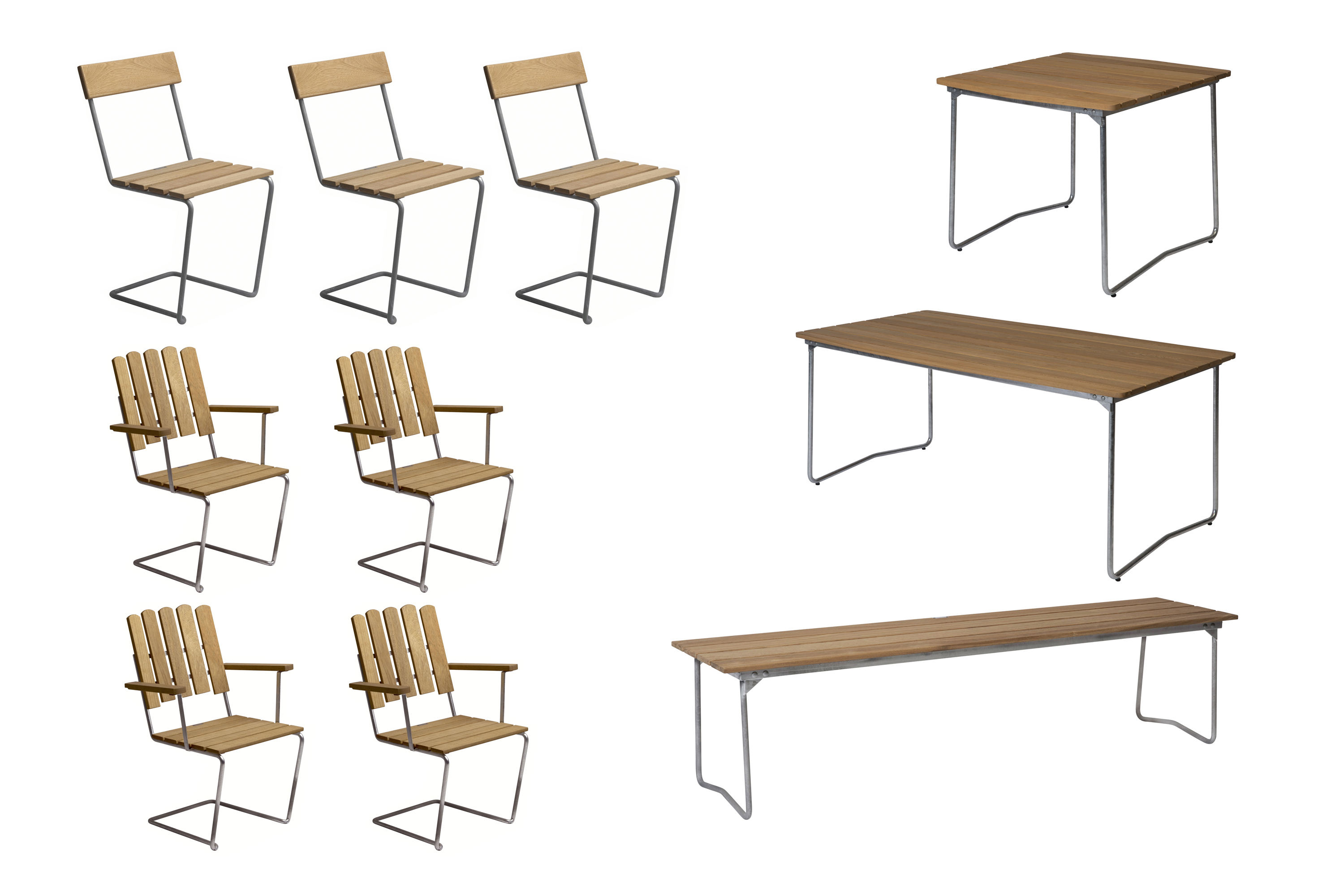Grythyttan Stålmöbler B31 matgrupp Oljad ek/galvat 4 fåtöljer, 3 stolar, bänk 170 cm, bord 84 x 92 cm & bord 170 x 92 cm