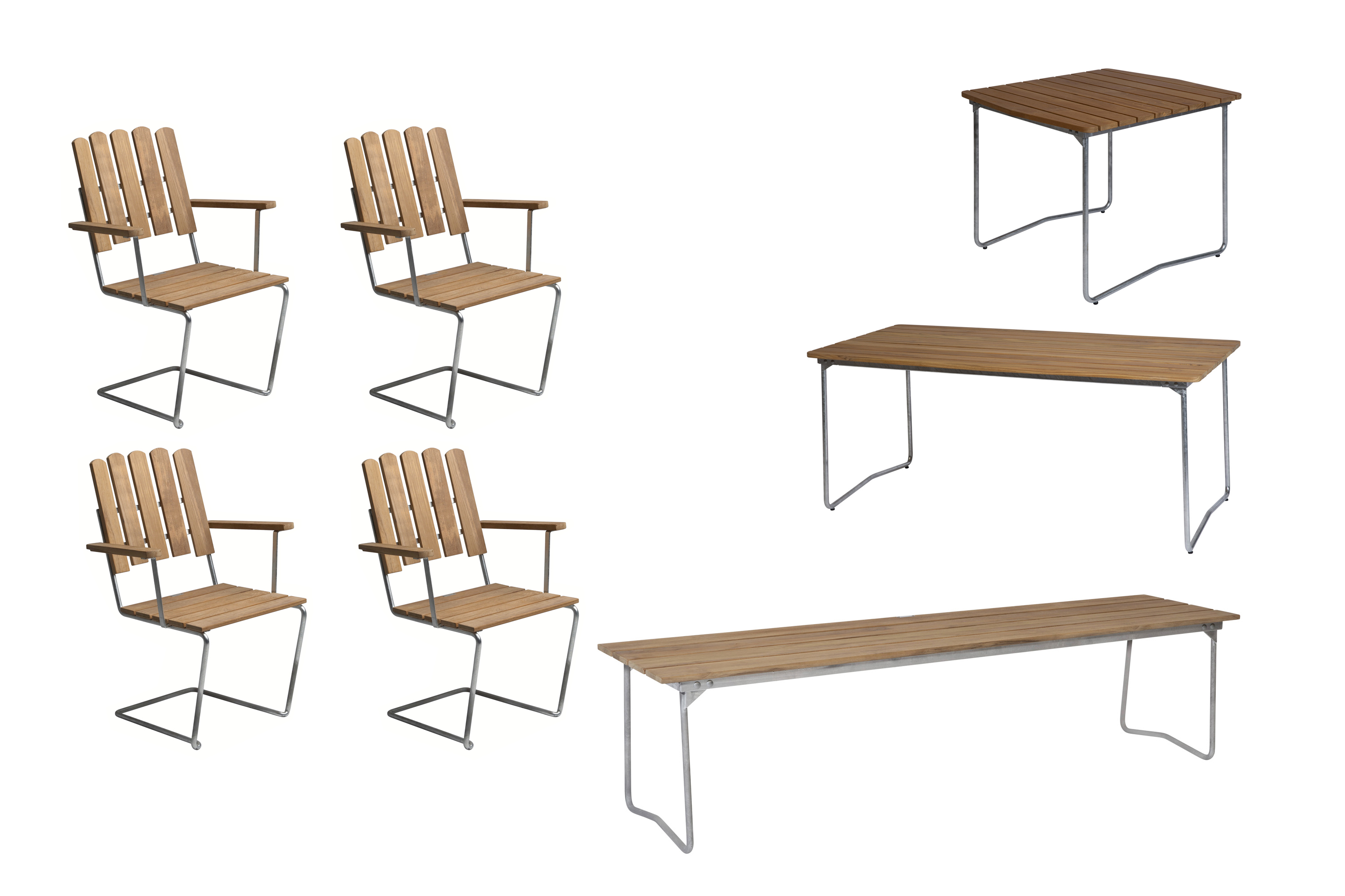 Grythyttan Stålmöbler B31 matgrupp Teak/galvat 4 fåtöljer, bänk 170 cm, bord 84 x 92 cm & bord 190 x 92 cm