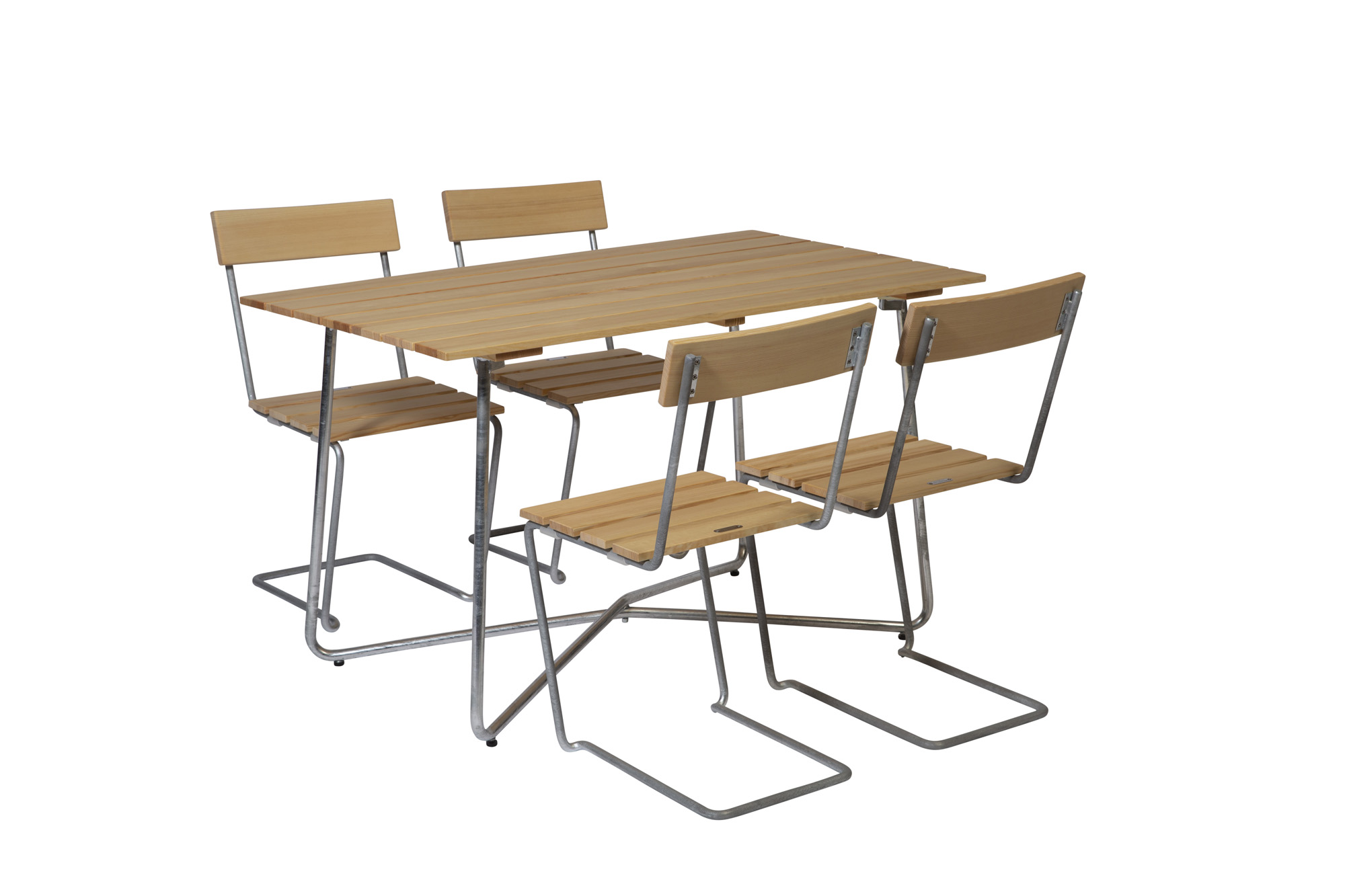 Grythyttan Stålmöbler B25 matgrupp Oljad furu/galvat 4 stolar & bord 120 x 70 cm