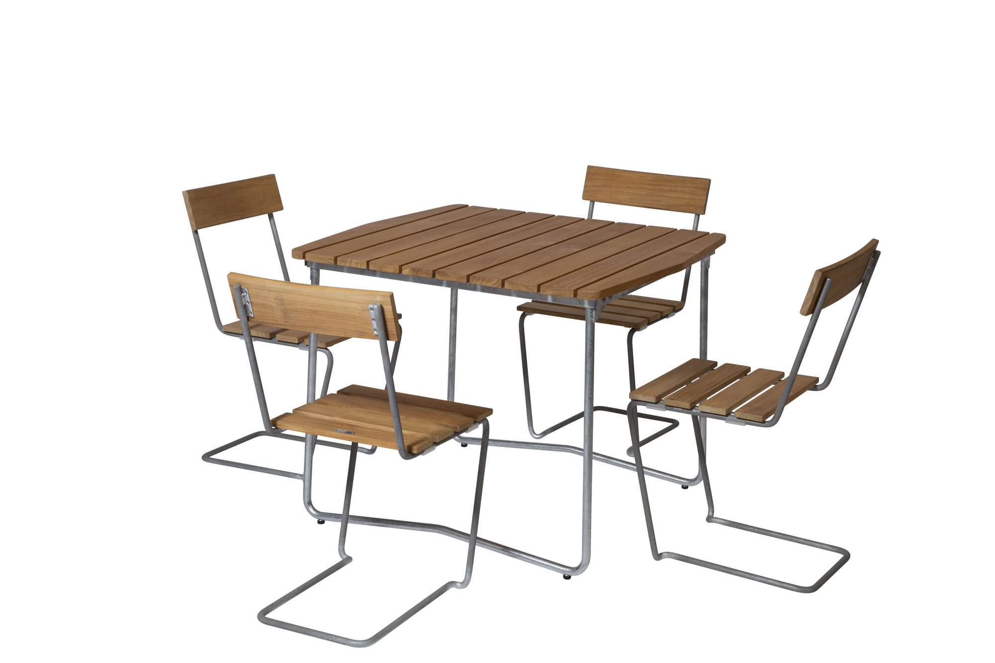 Grythyttan Stålmöbler B31 matgrupp Teak/galvat 4 stolar & bord 84 x 92 cm