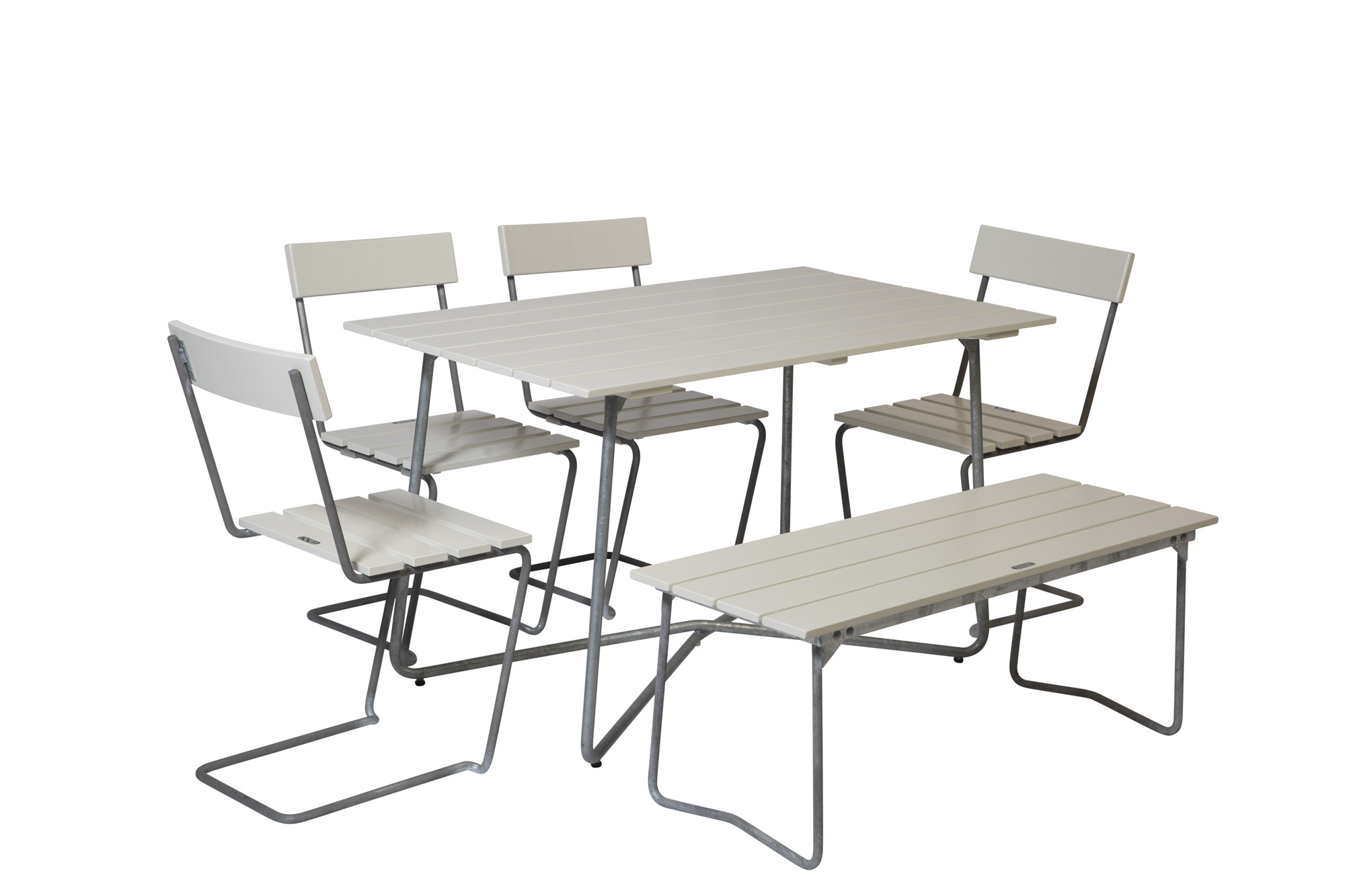 Grythyttan Stålmöbler B25 matgrupp Vitlackad ek/galvat 4 stolar, bänk 110 cm & bord 120 x 70 cm