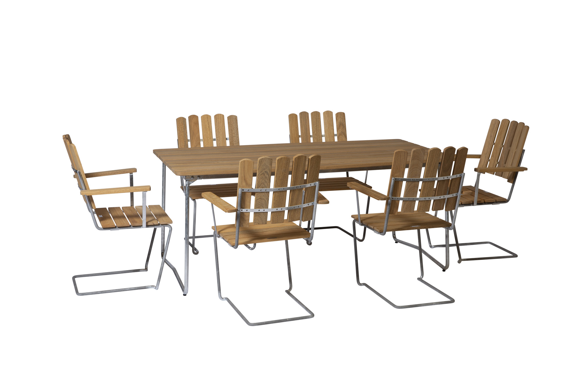 Grythyttan Stålmöbler B31 matgrupp Oljad ek/galvat 6 fåtöljer & bord 170 x 92 cm