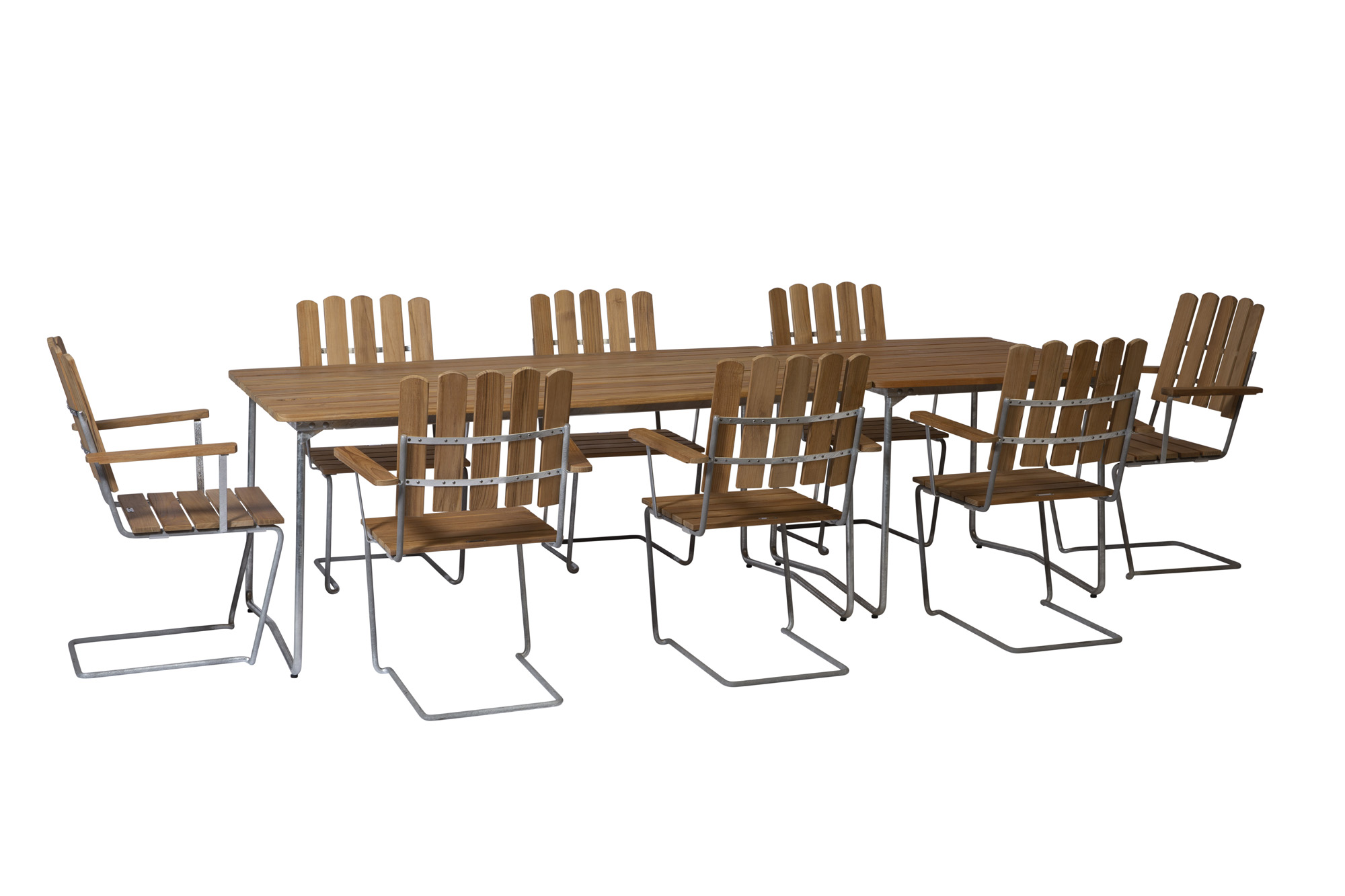 Grythyttan Stålmöbler B31 matgrupp Teak/galvat 8 fåtöljer, bord 84 x 92 cm & bord 170 x 92 cm