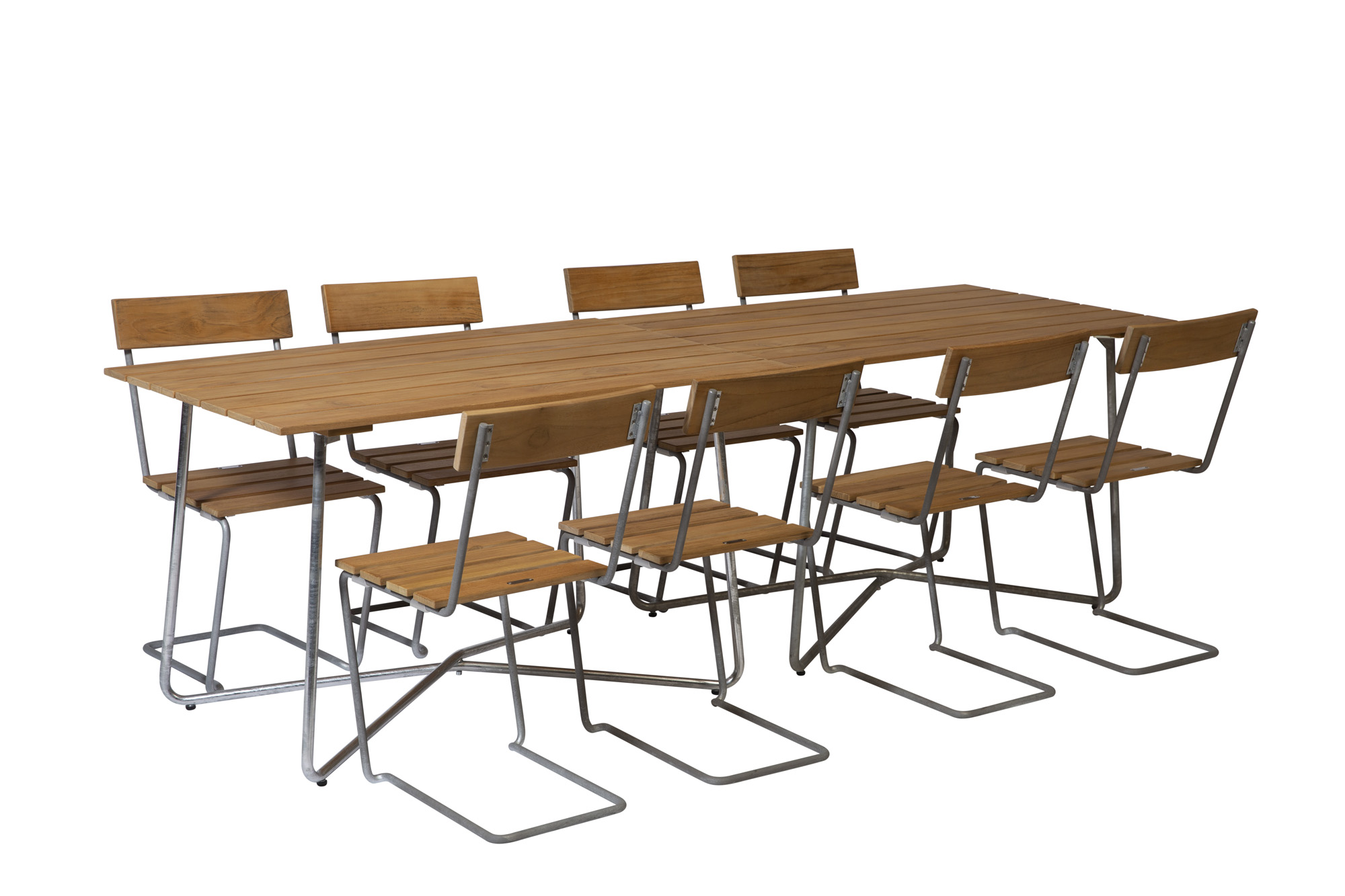 Grythyttan Stålmöbler B25 matgrupp Teak/galvat 8 stolar & 2 bord 120 x 70 cm