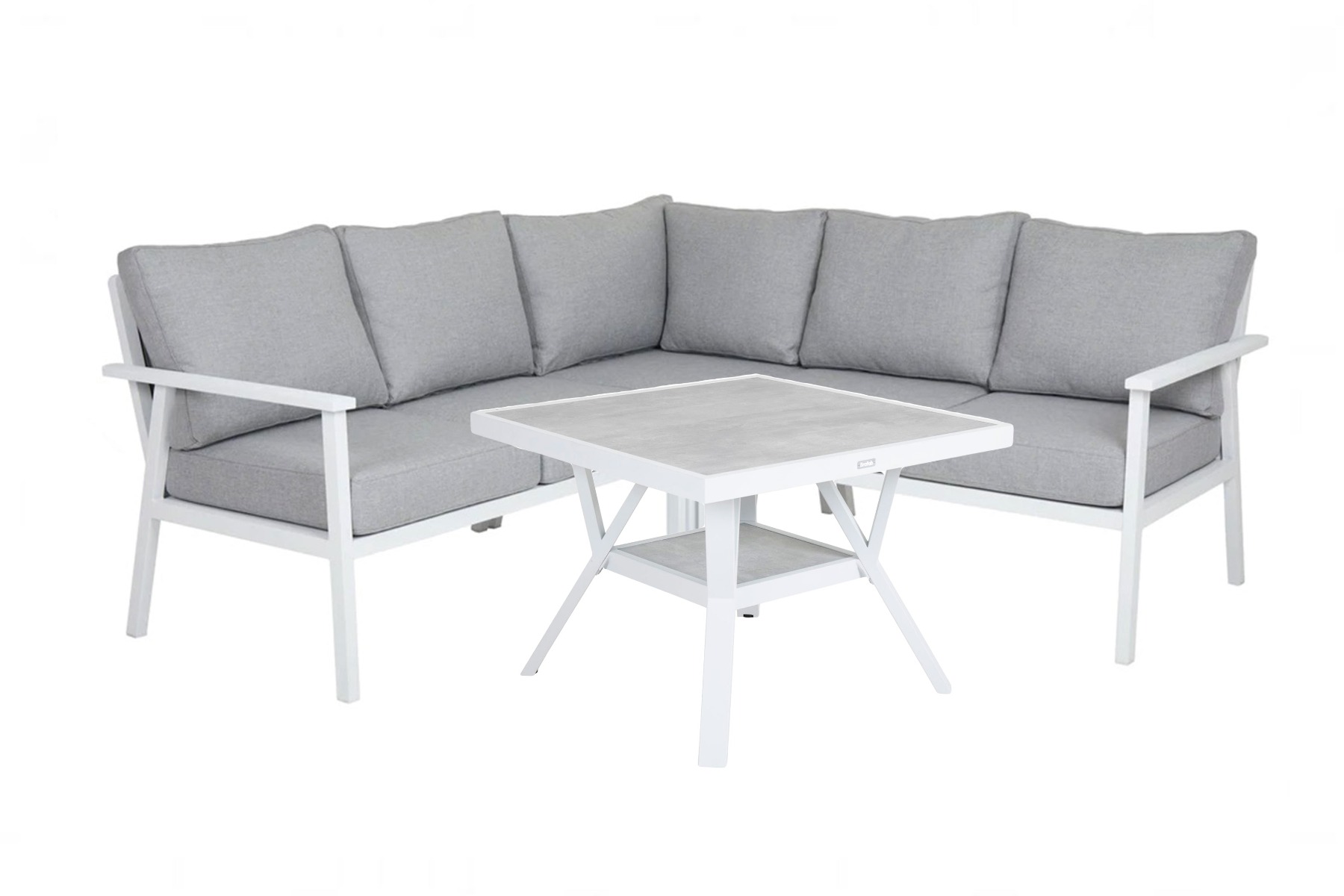 Samvaro sofagruppe Hvit med grå pute 2 st 2-seter ende, hjørne & bord 90x90 cm Brafab