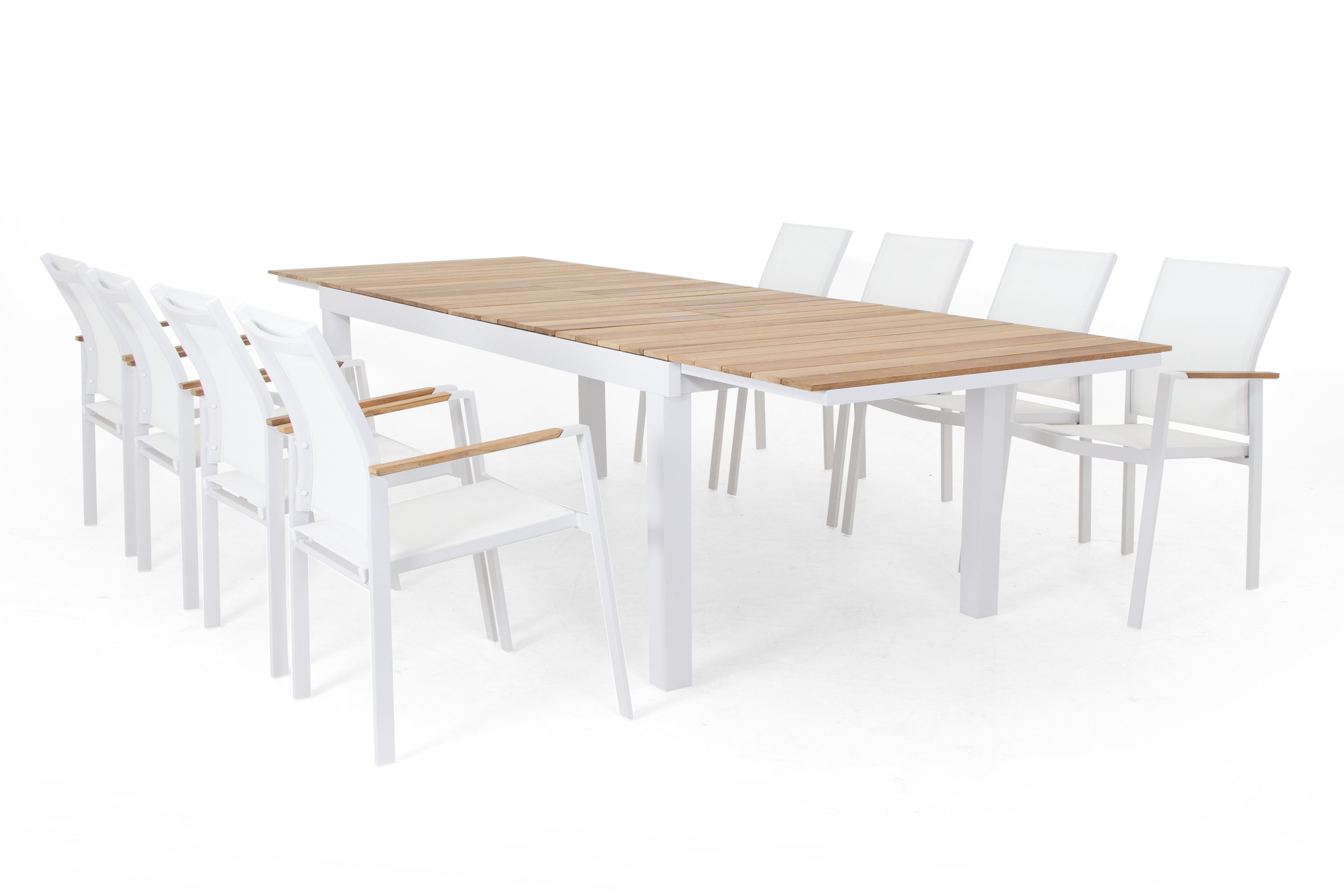 Selected Home Seattle matgrupp Vit/vit med teak 8 karmstolar & bord 210/260/310x100 cm