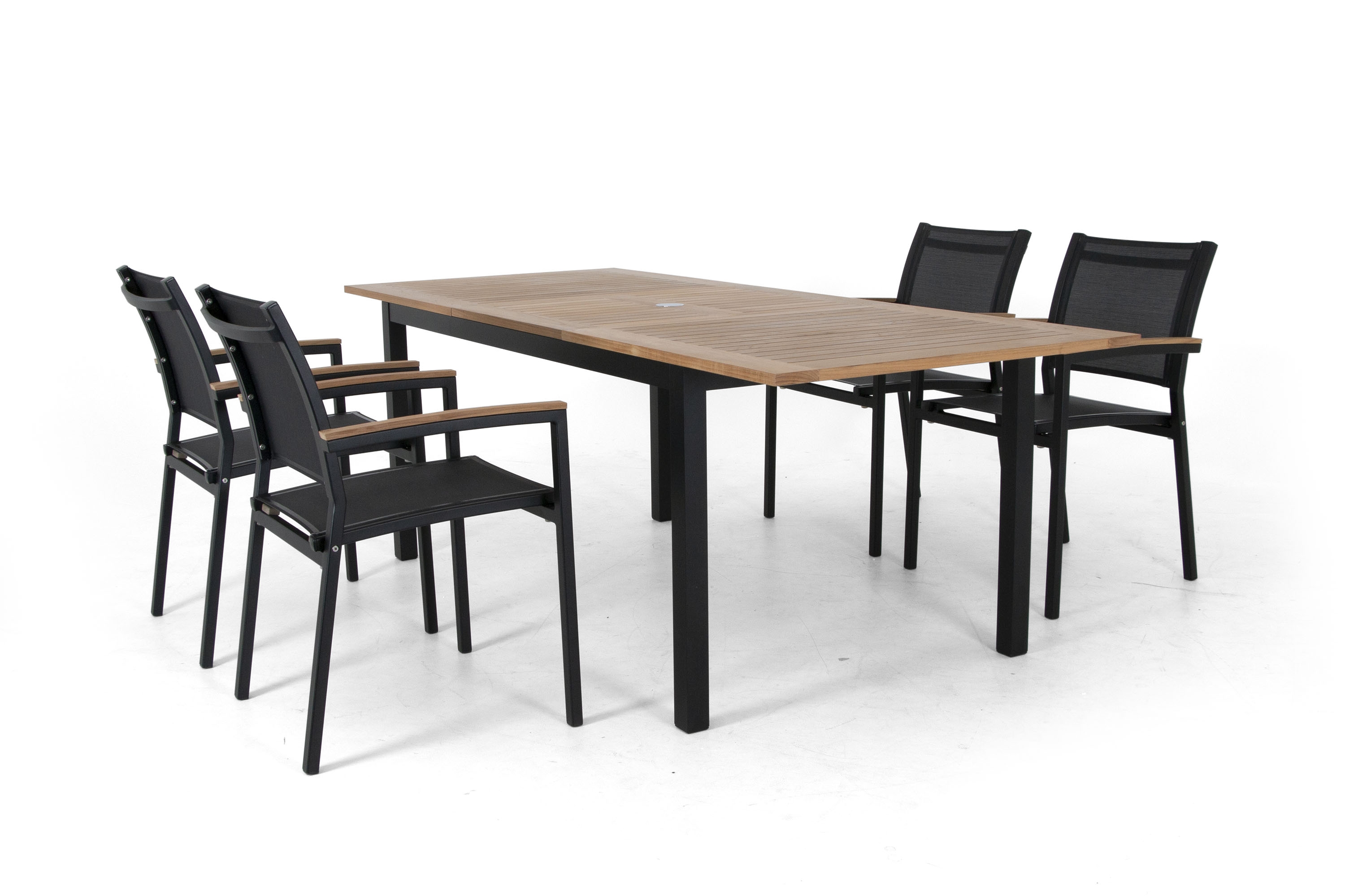 Selected Exclusive Twin matgrupp Svart/svart med teak 4 karmstolar & bord 160-220x90 cm