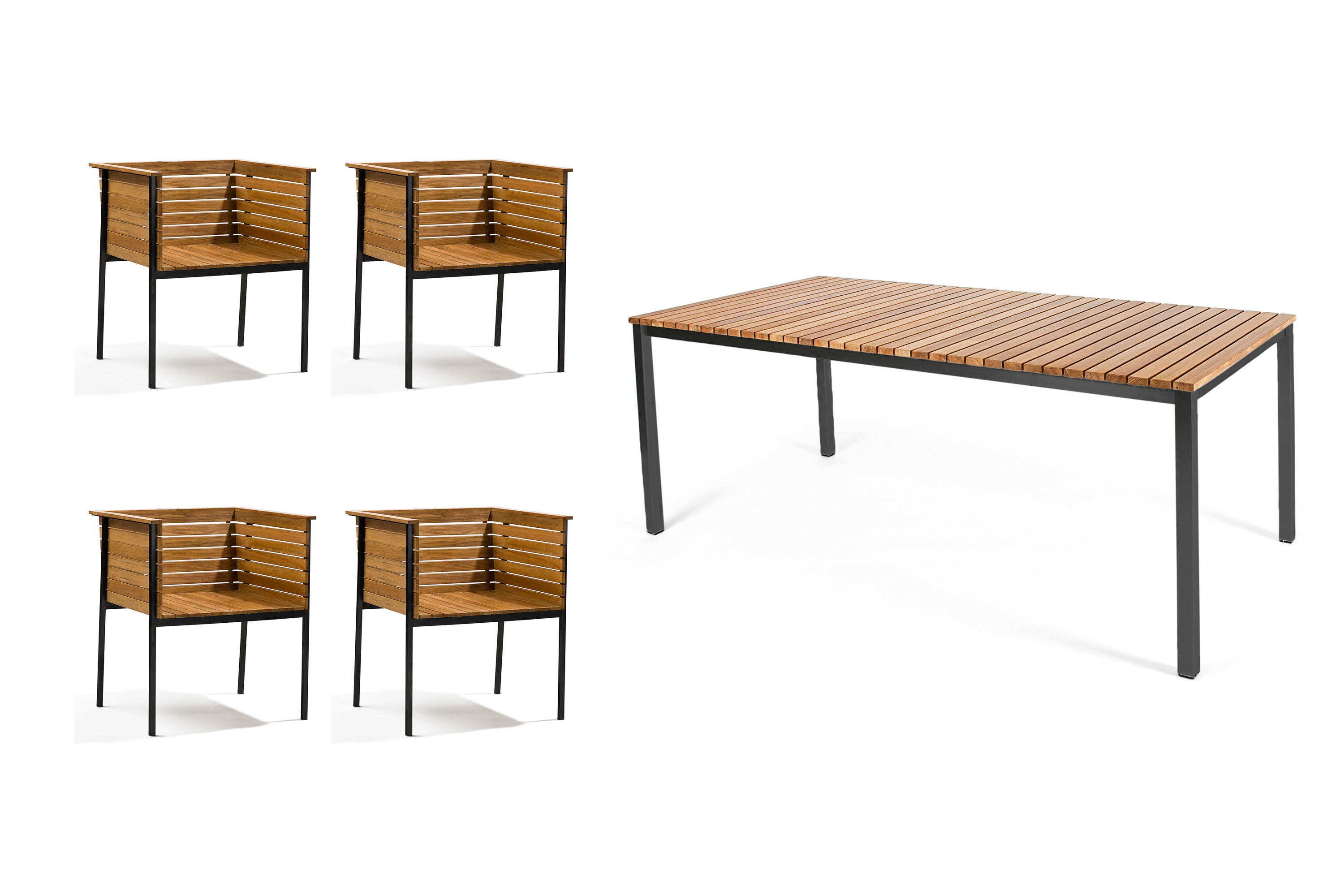 Skargaarden Häringe matgrupp Teak med svarta detaljer 4 fåtöljer & bord 170x85 cm