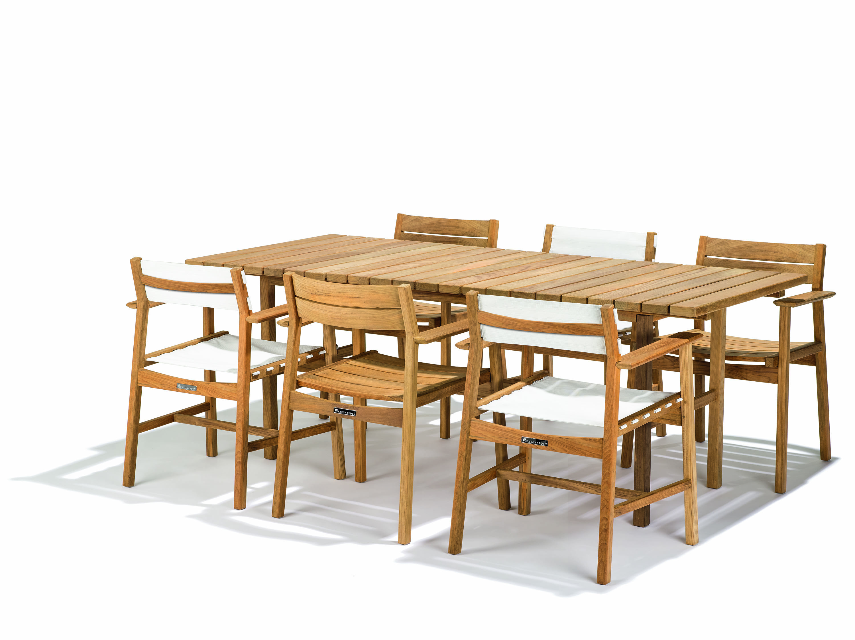 Skargaarden Djurö matgrupp Teak med vita detaljer 6 fåtöljer & bord 200x85 cm