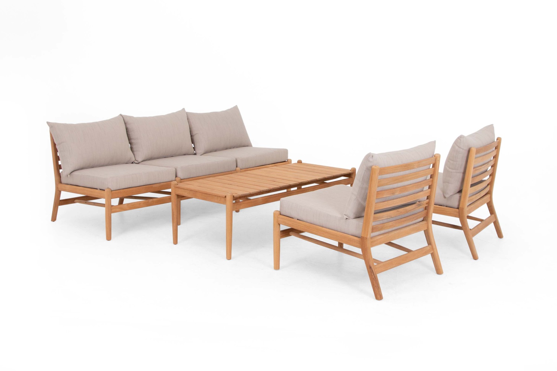 Sunzo Hampton soffgrupp Teak med beige dyna 3-sitssoffa & 2 fåtöljer