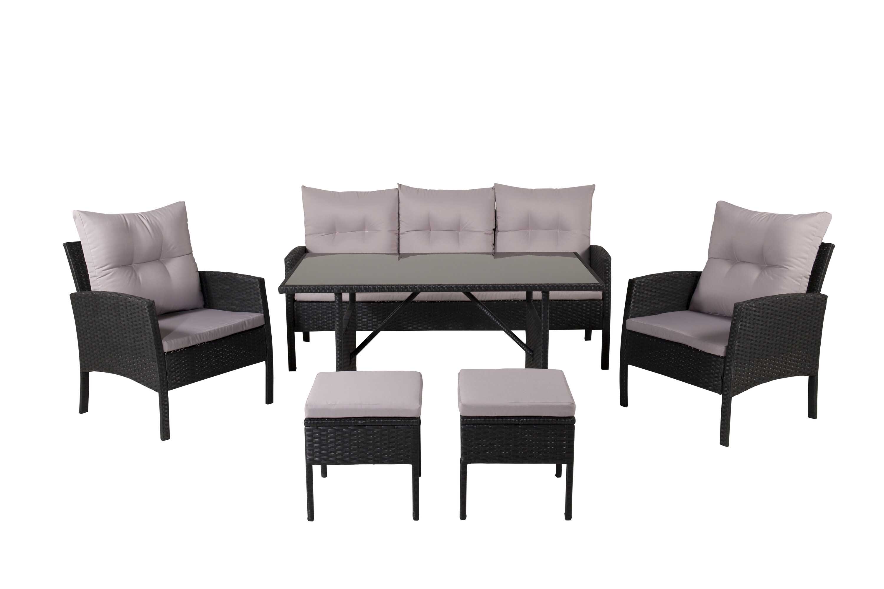 Venture Design Knock soffgrupp Svart med grå dyna 3-sitssoffa, 2 fåtöljer, 2 pallar & bord 120x70 cm