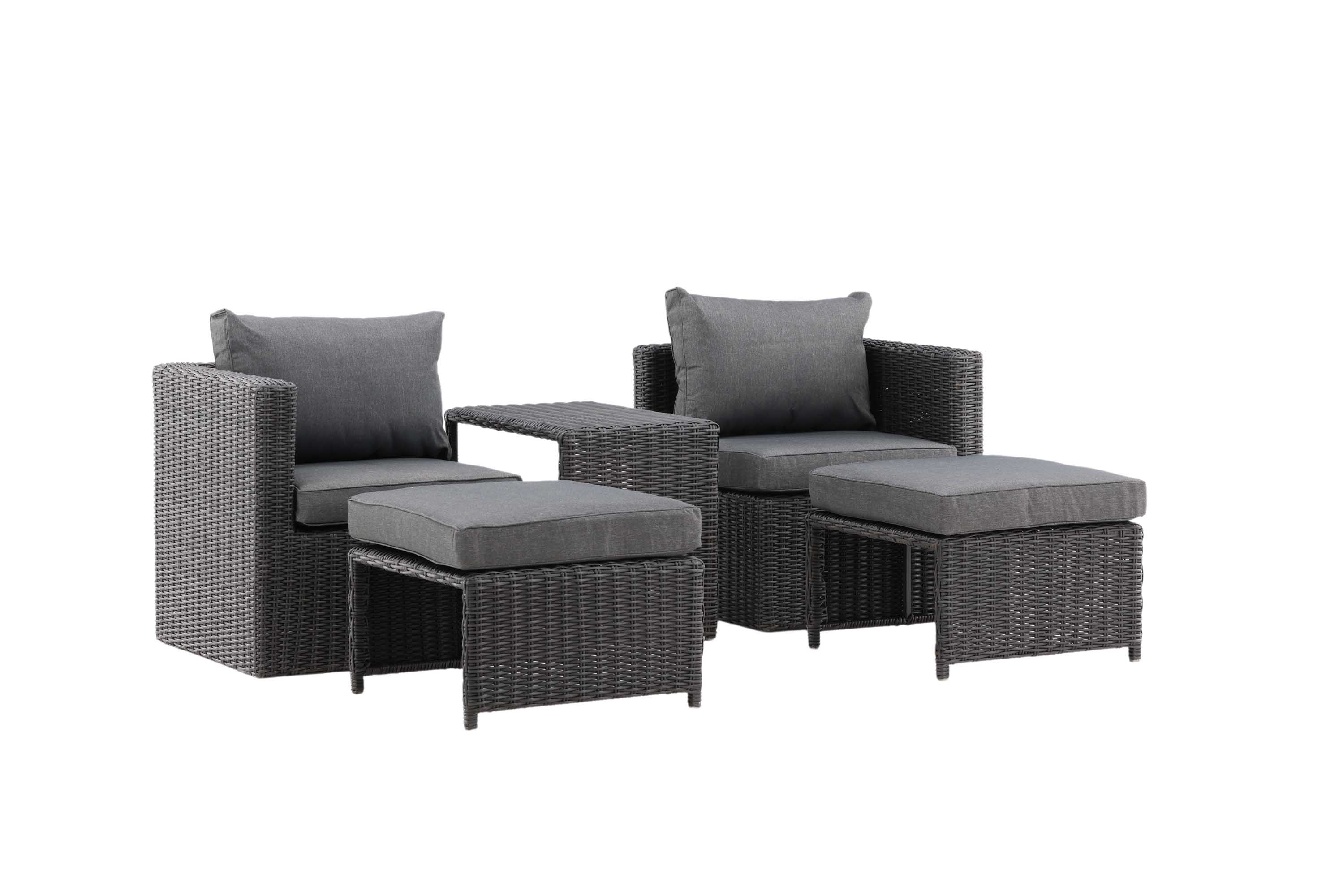 Venture Design Quad caféset Svart med grå dynor 2 fåtöljer, 2 fotpallar & bord 63x42 cm