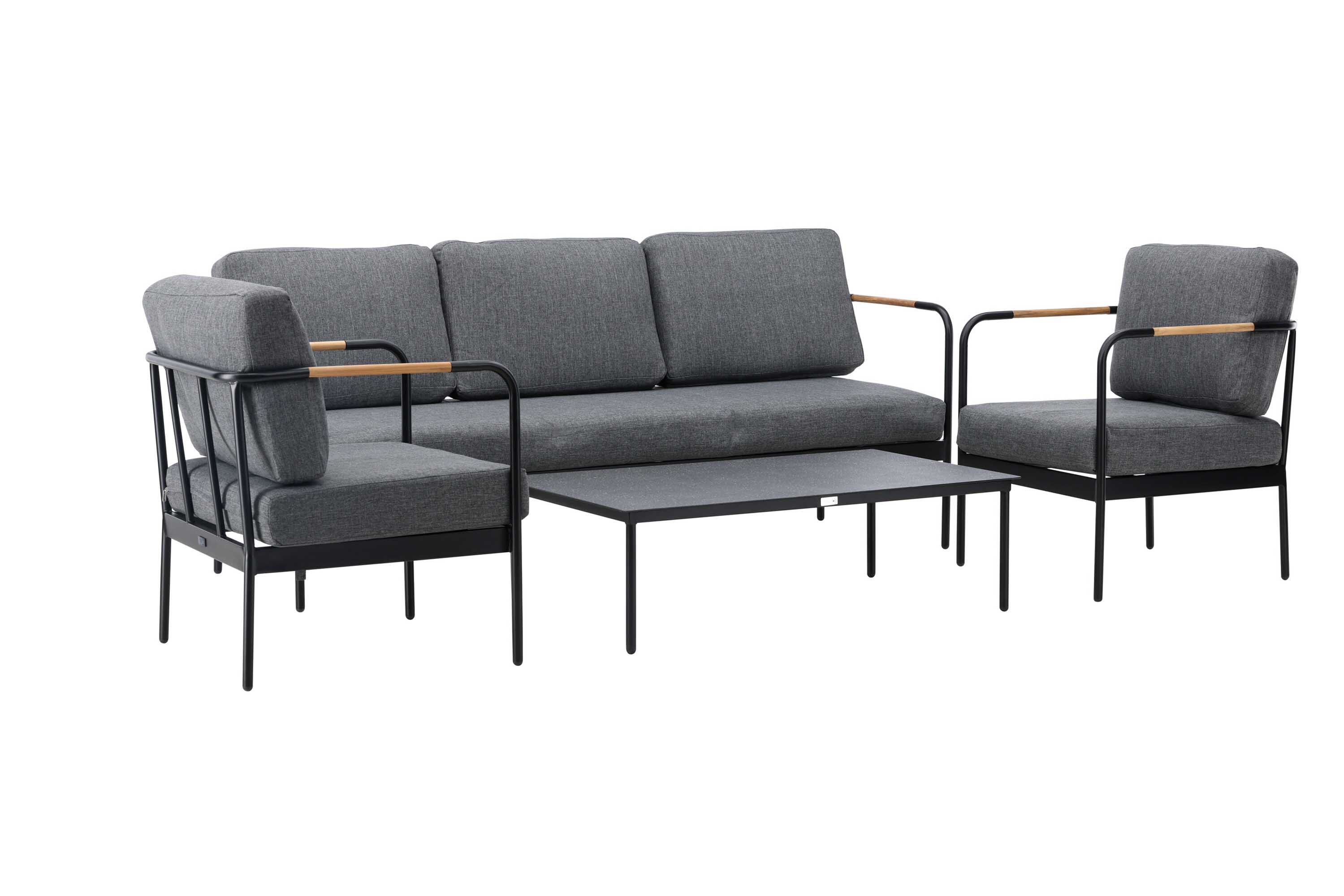 Venture Design Pehnna soffgrupp Svart/teak med grå dyna 3-sitssoffa, 2 fåtöljer & bord 120x70 cm