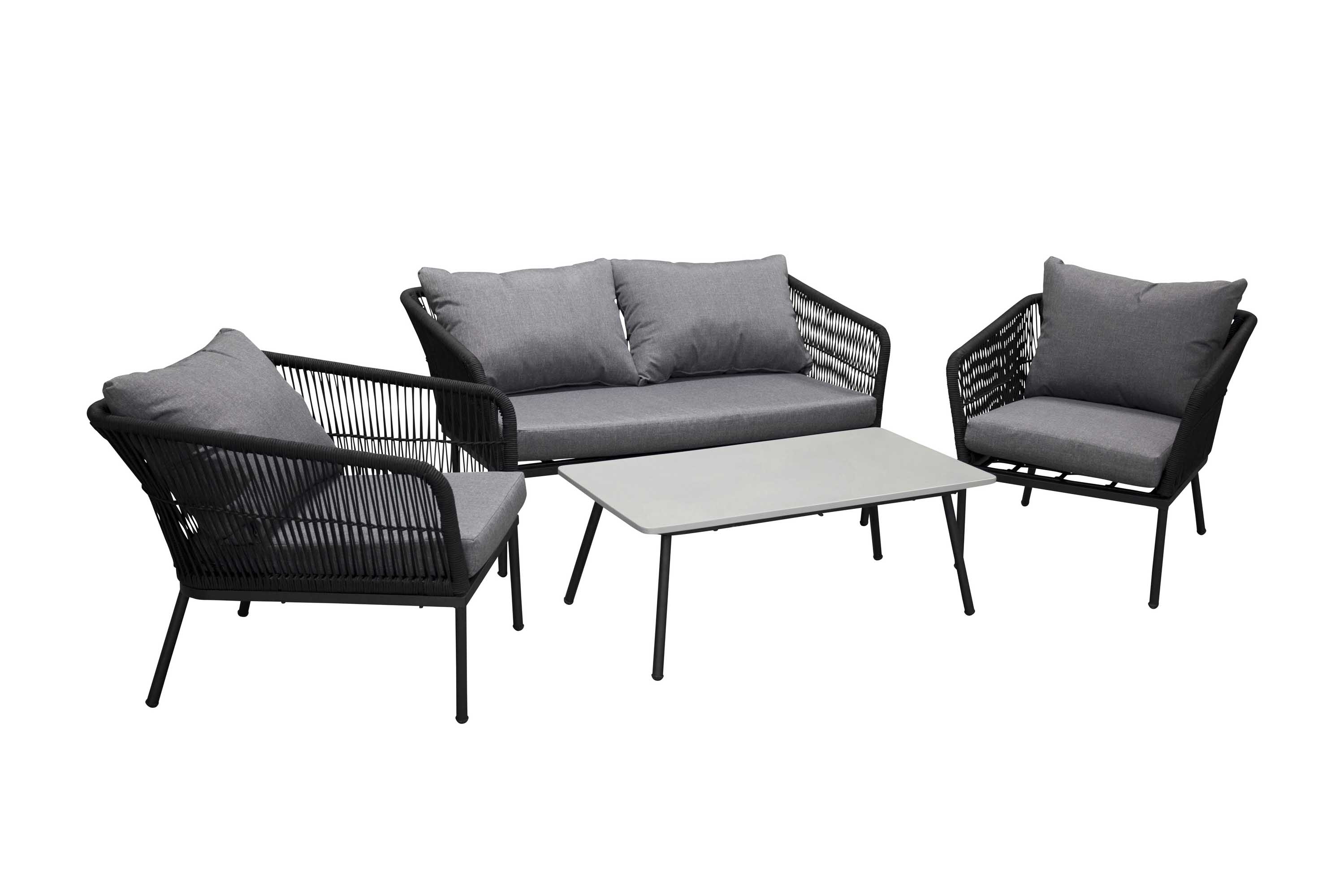 Venture Design Lindos soffgrupp Svart med grå dynor 2-sitssoffa, 2 fåtöljer & bord 90x60 cm